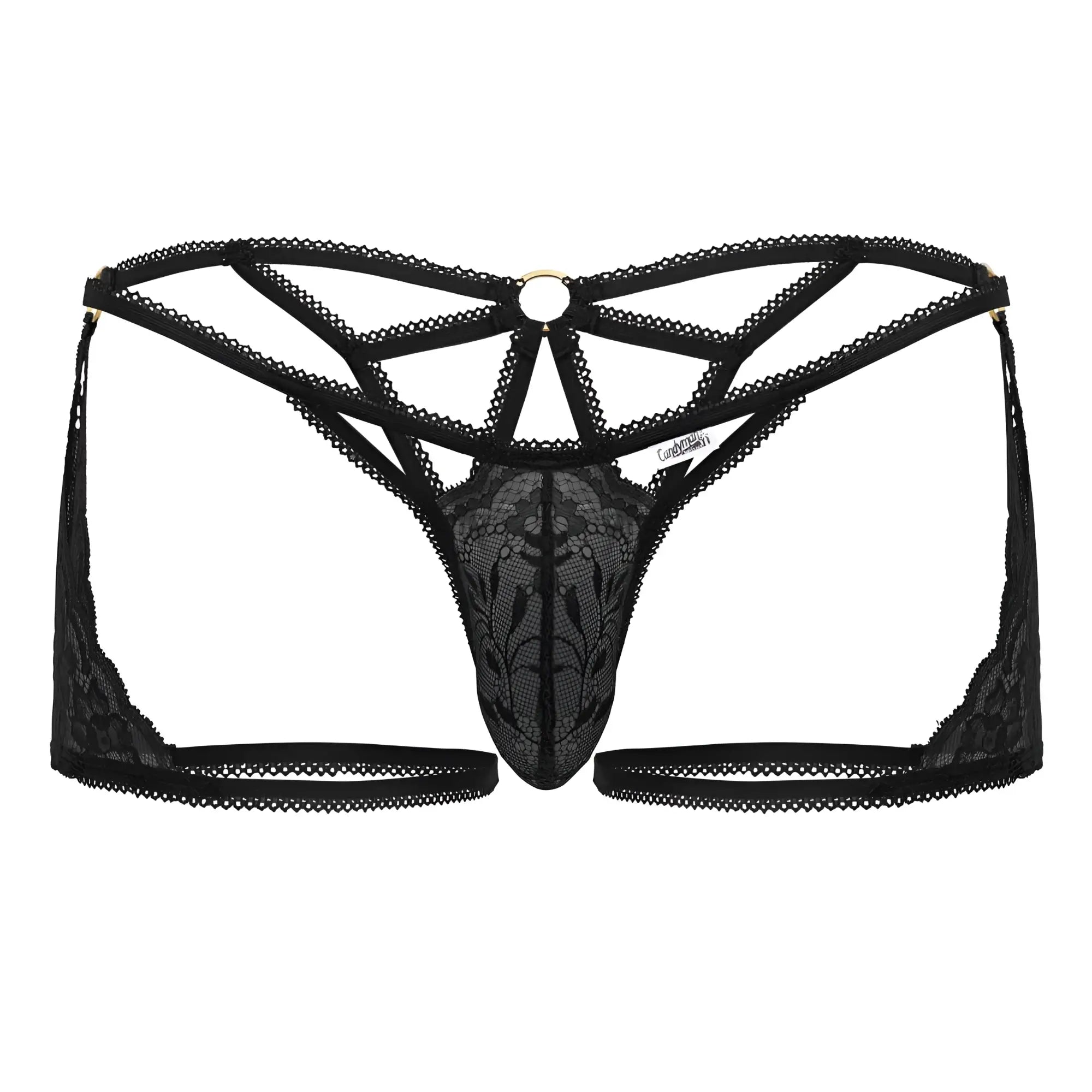 Back view of CandyMan 99773 lace trunks thong in black with intricate floral lace and central circular metal ring