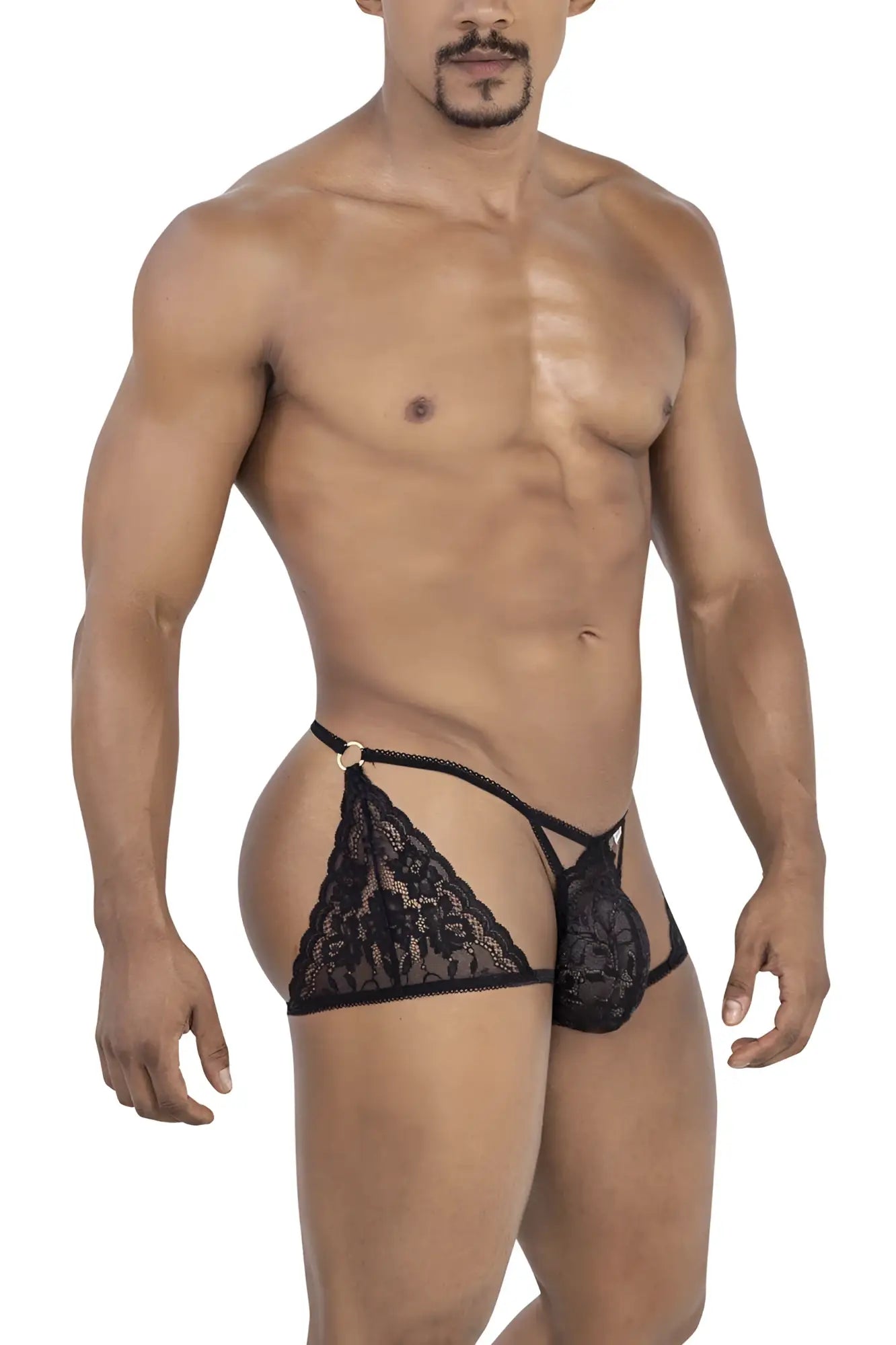 Black lace thong candy man 99773 with intricate floral patterns and gold toned metal clasp in black