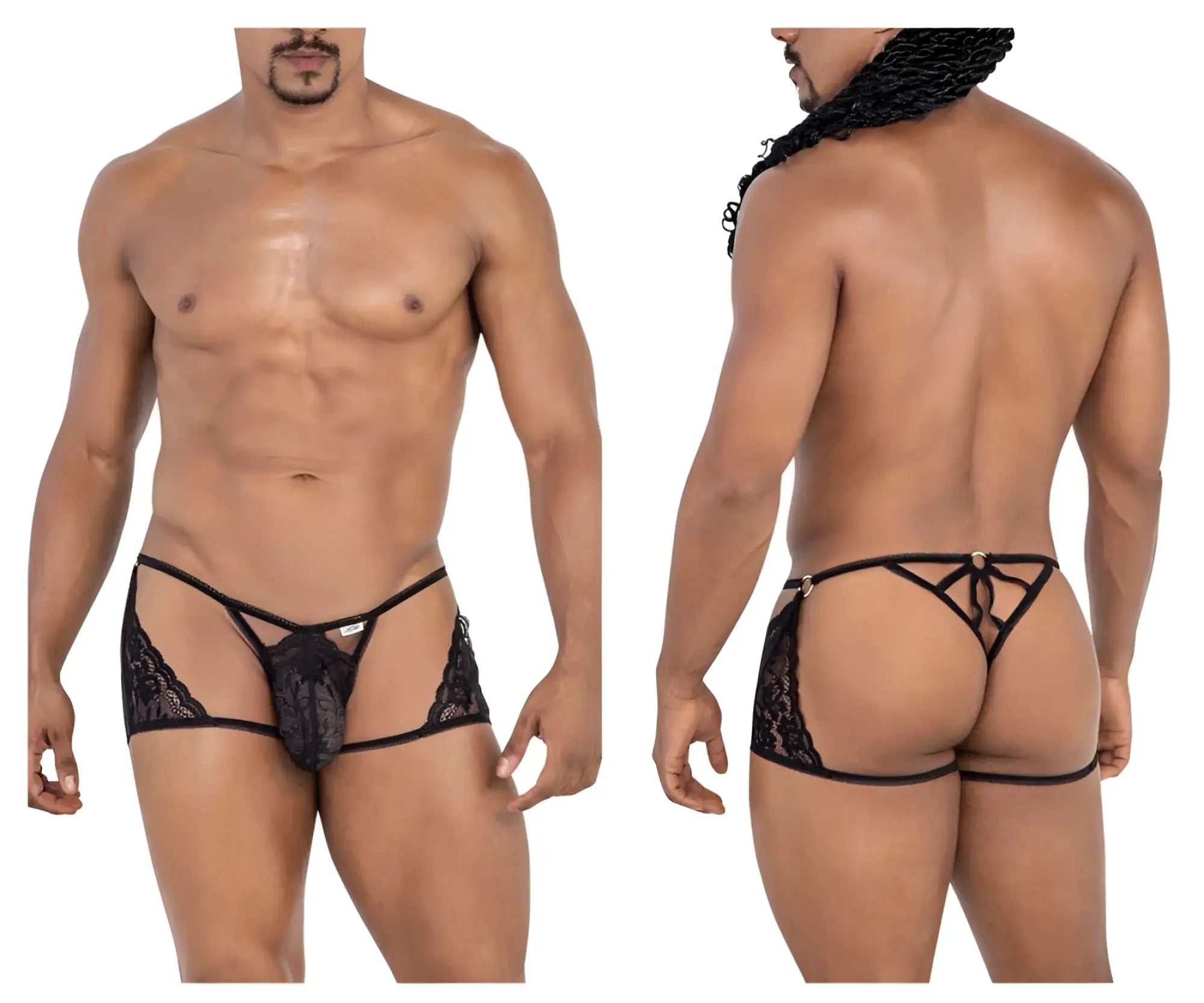 CandyMan 99773 black lace thong with sheer mesh design and adjustable back ties shown from the back side