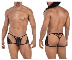 CandyMan 99773 black lace thong with sheer mesh design and adjustable back ties shown from the back side