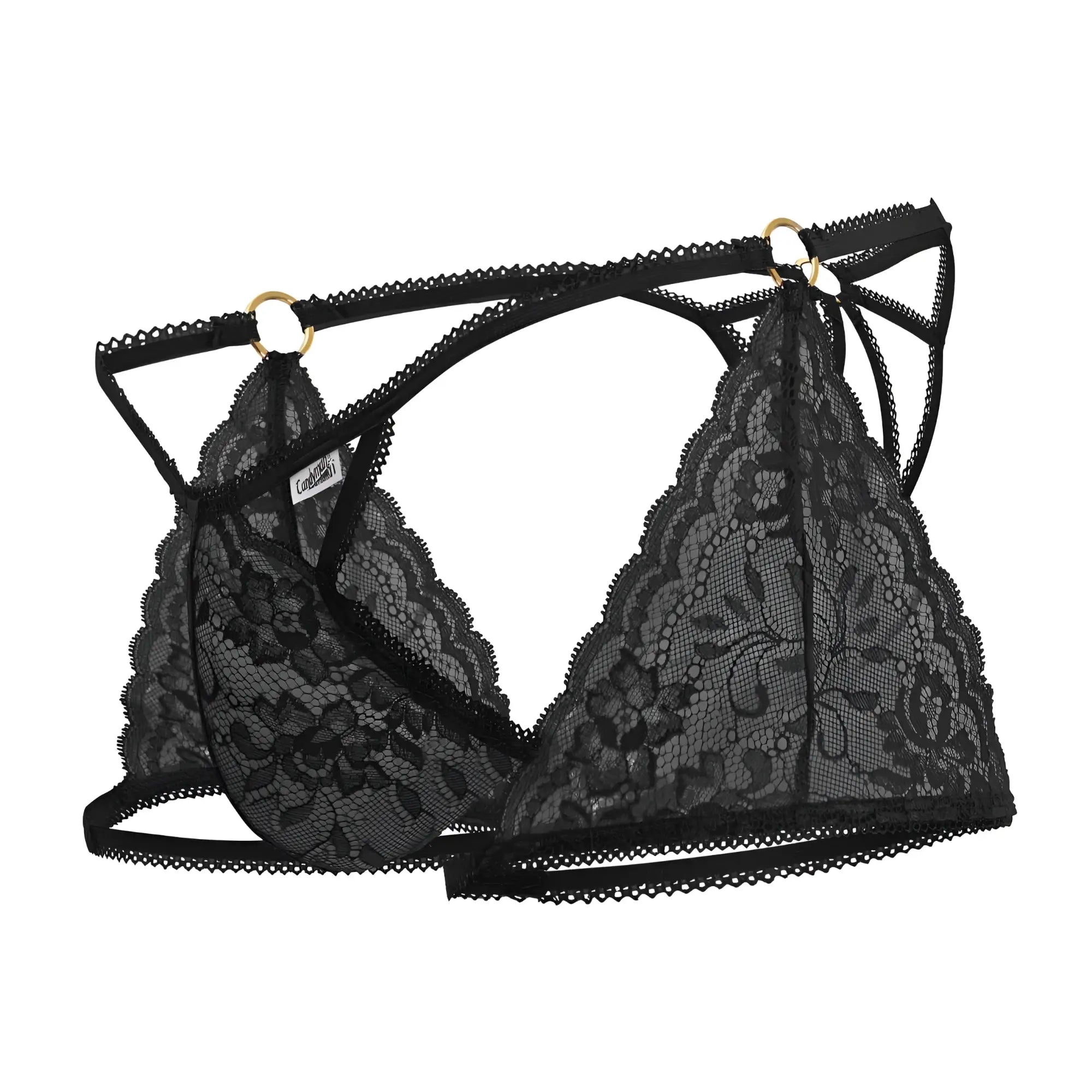 Black lace triangle bra with gold-toned metal rings and adjustable straps from Candyman 99773 lace trunks thongs black