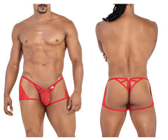 Red lace thong trunks by candyman with crisscross design and back straps showing the back side of the product