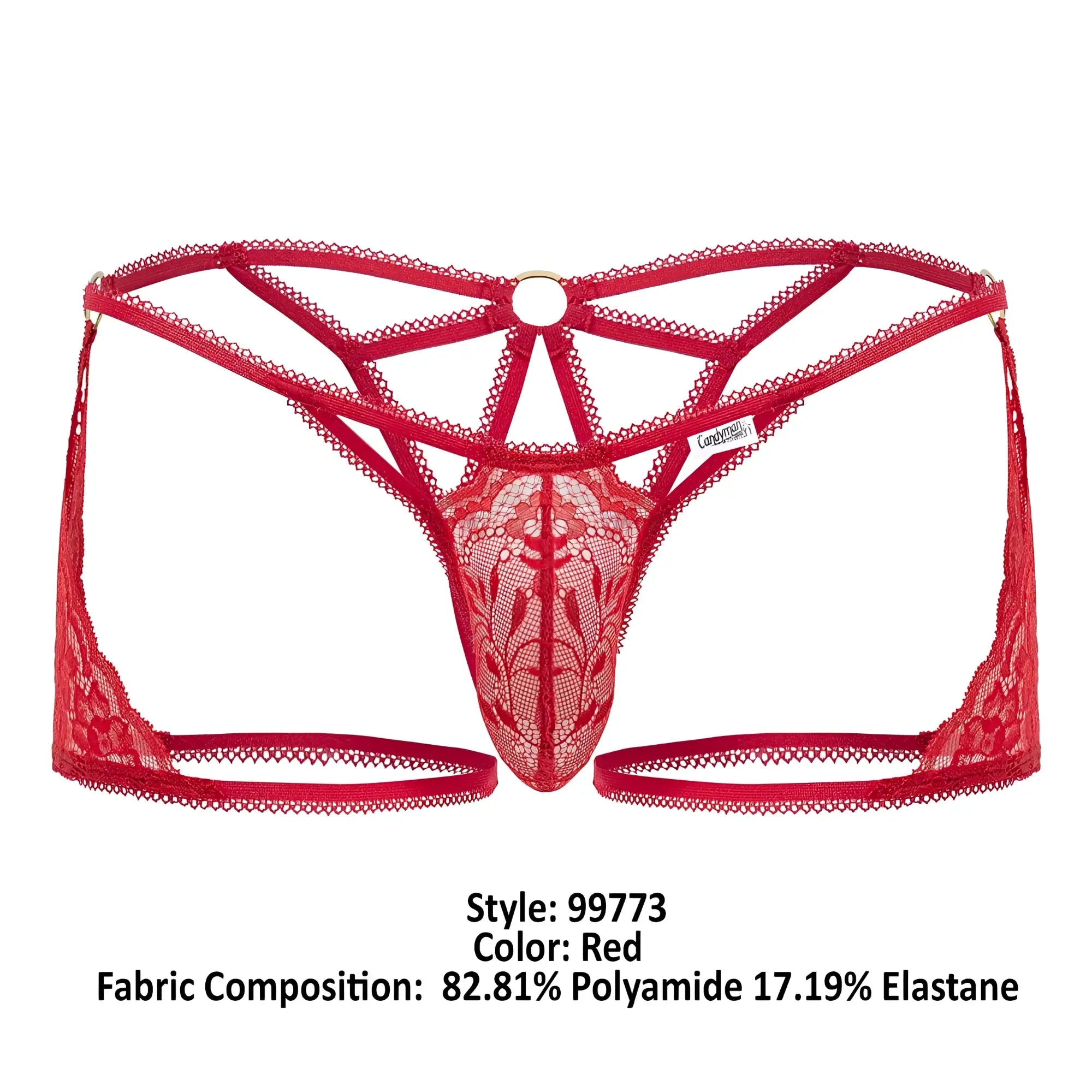Red lace thong CandyMan 99773 with intricate floral patterns and central circular metal ring in red color