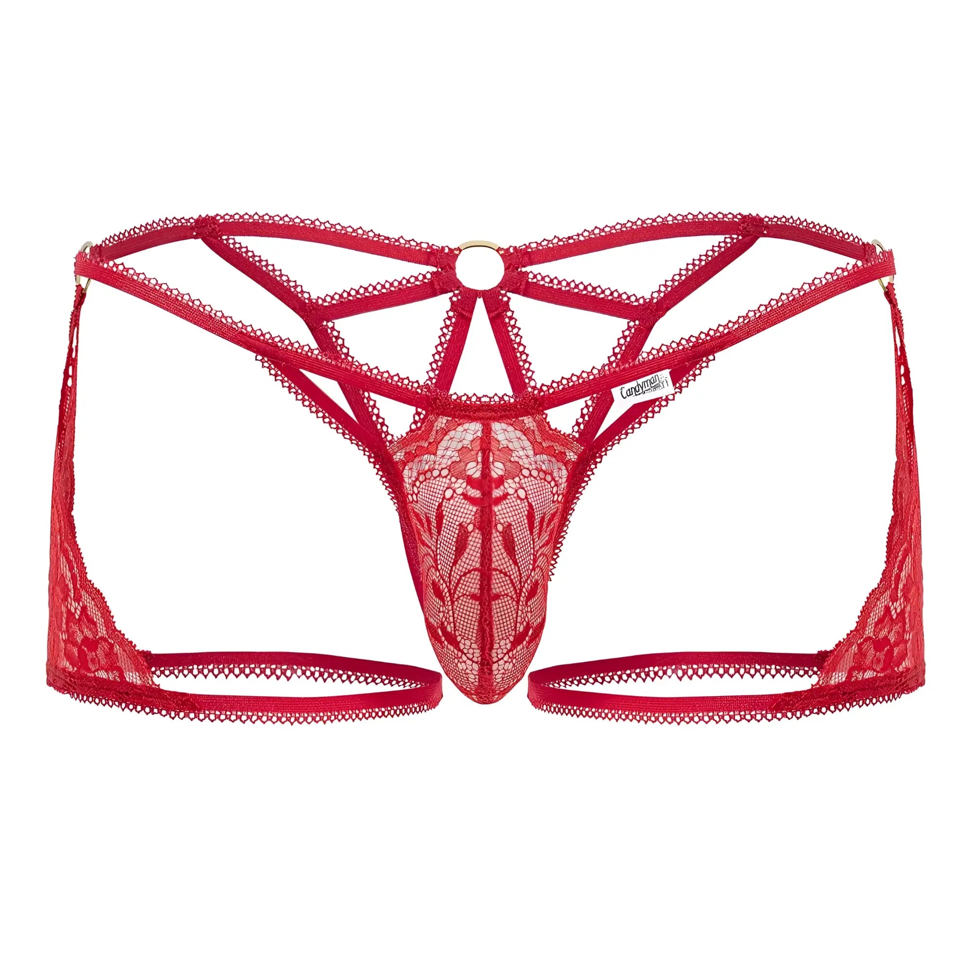 CandyMan 99773 red lace thong with intricate floral patterns and central circular ring shown from the back side
