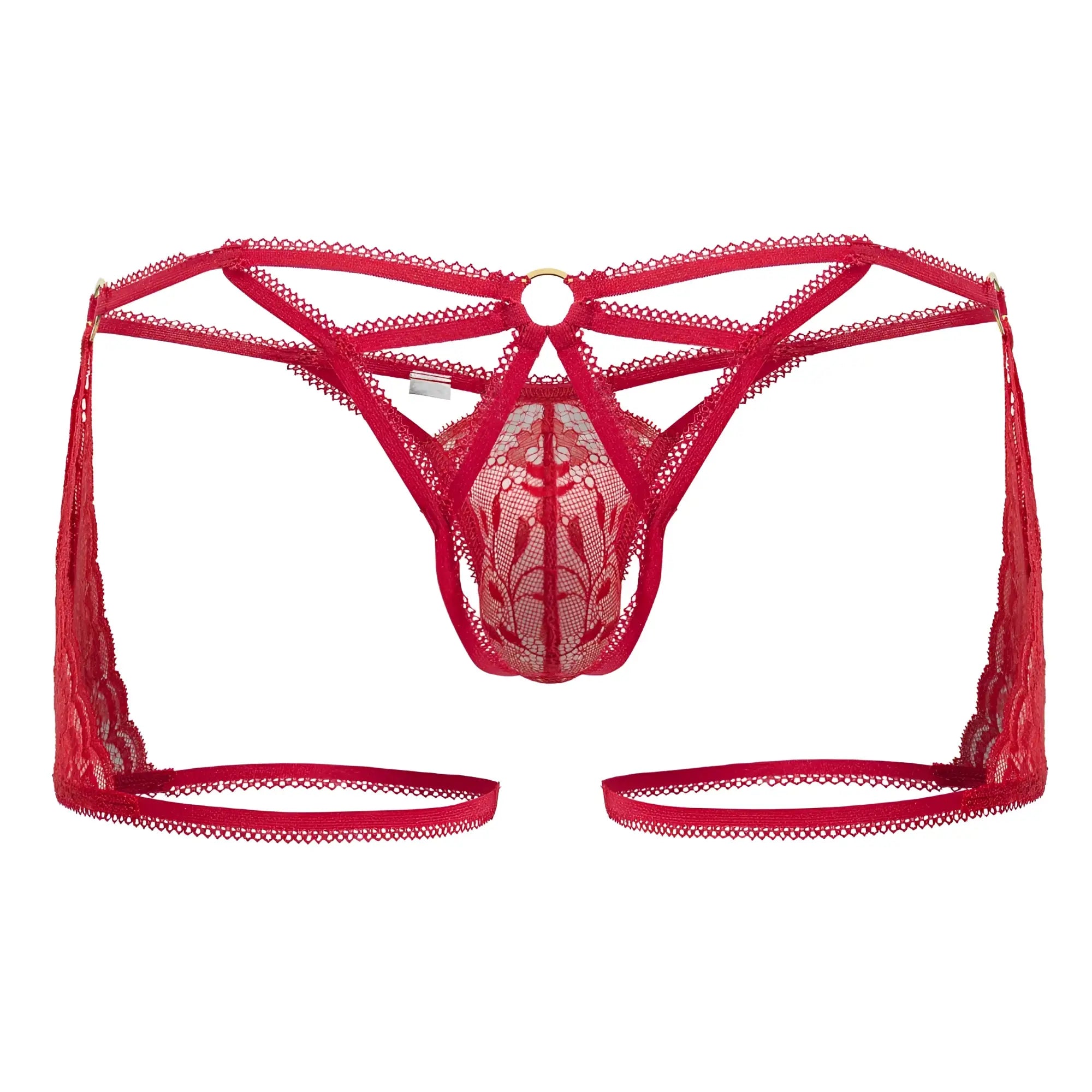Red lace thong CandyMan 99773 with intricate floral patterns and adjustable straps in red lace material