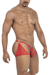 Red lace thong with scalloped edge and circular metal ring at the back from candyman 99773 lace trunks thongs in red
