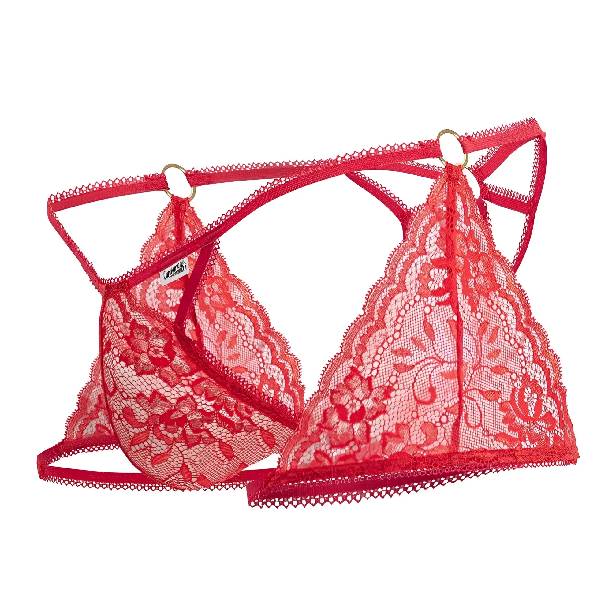 Red lace triangle bra with floral patterns and gold toned hardware from candyman 99773 lace trunks thongs in red