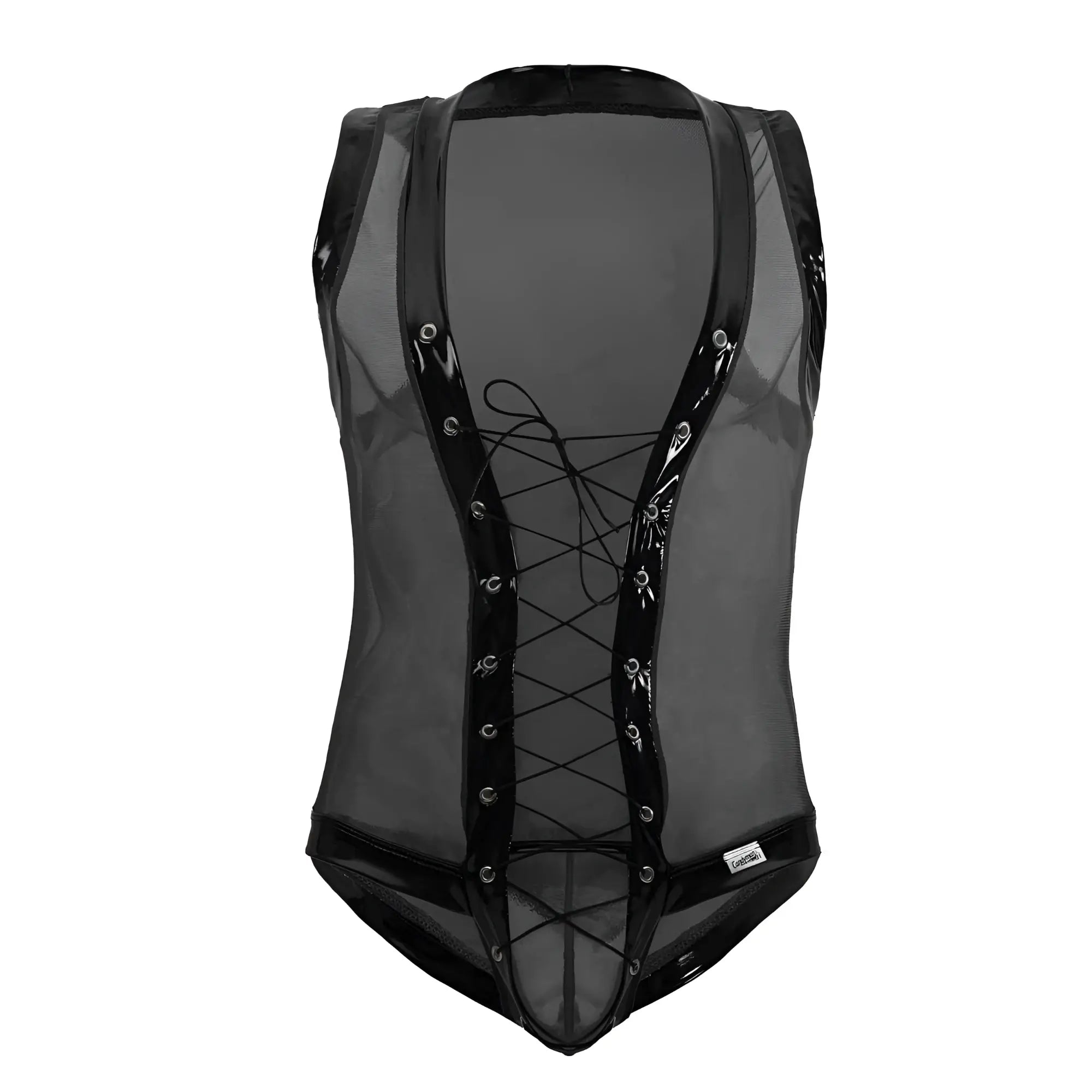 Black mesh CandyMan 99774 gladiator bodysuit with glossy black lace-up front and shiny trim detail