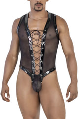 Black sheer mesh CandyMan 99774 gladiator bodysuit with shiny black lace-up front and metallic silver hardware