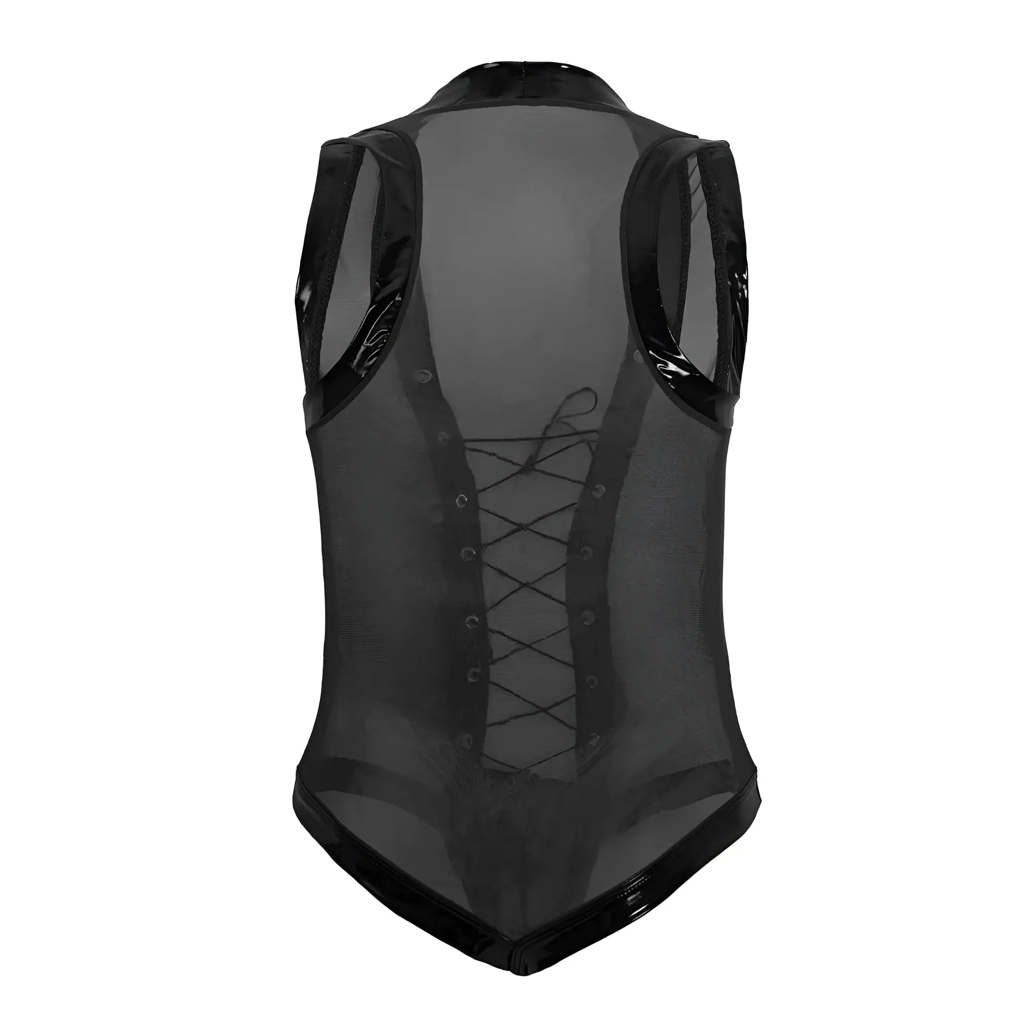 Black candyMan 99774 gladiator bodysuit mesh vest with glossy trim and lace-up front detailing