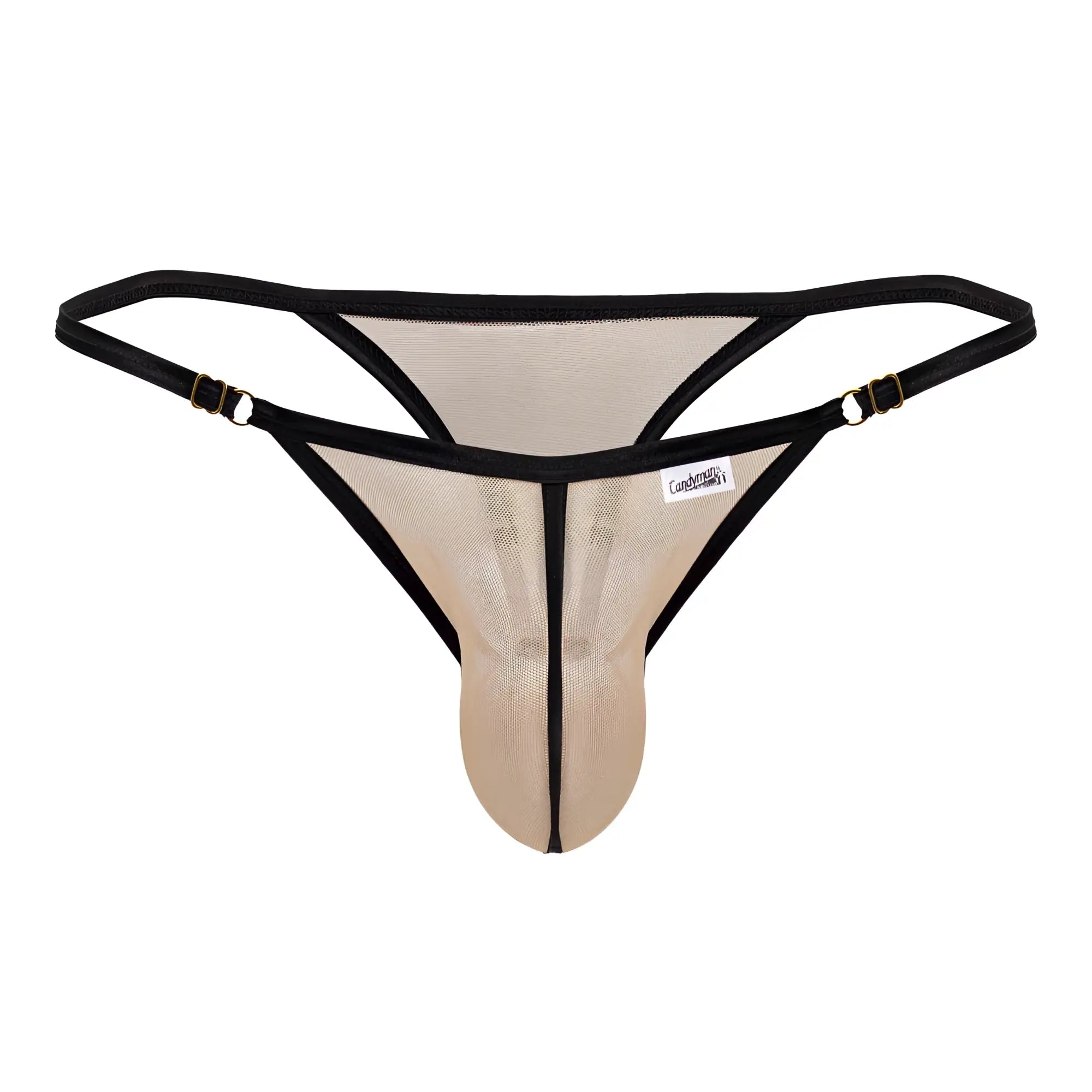 Candayman 99776 mesh thong in beige and black with adjustable straps and gold-tone hardware visible from the front
