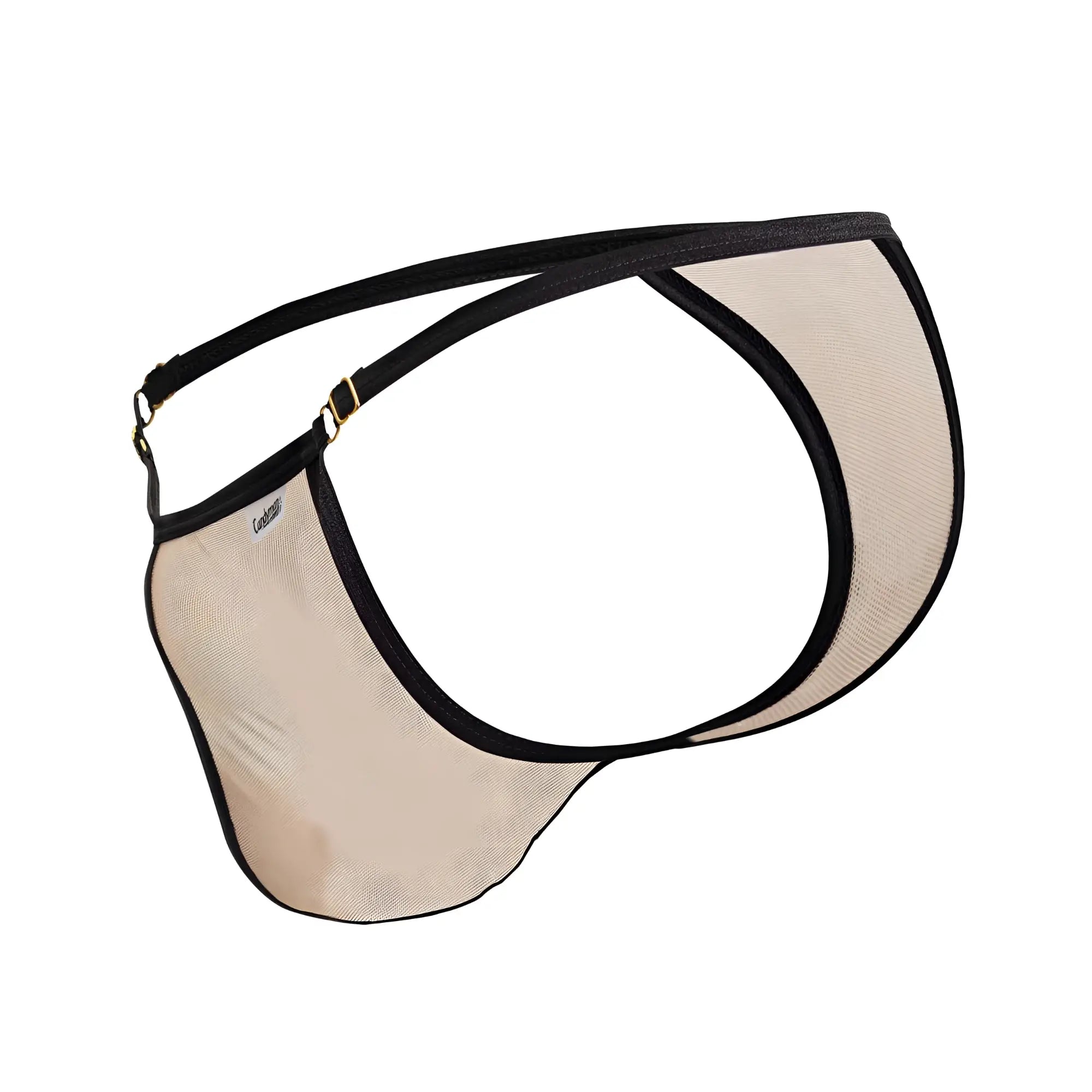 Beig mesh thong with black trim and gold tone hardware from candyman 99776 mesh thongs collection
