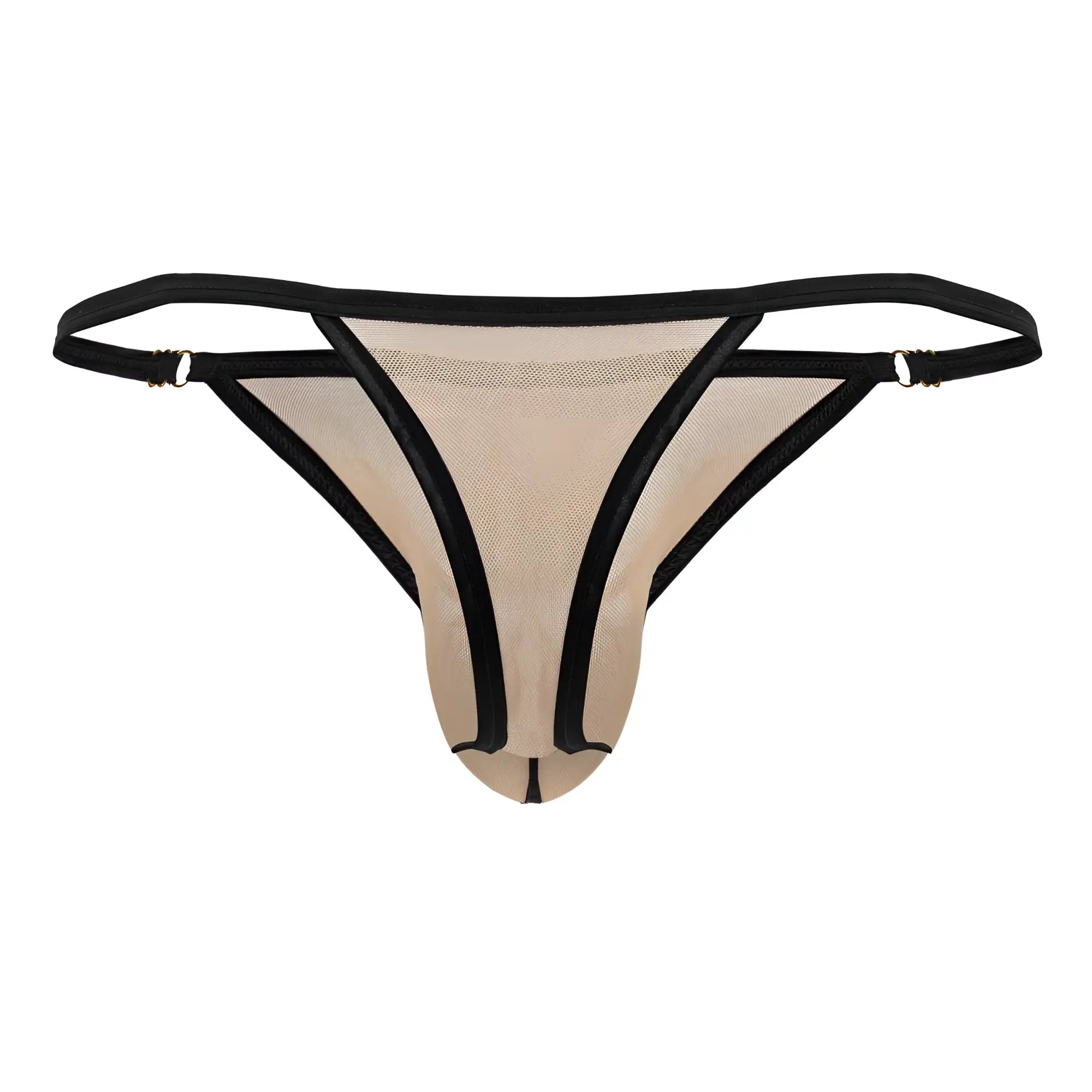 Beig e mesh thong with black trim and adjustable straps from candyman 99776 for comfortable everyday wear