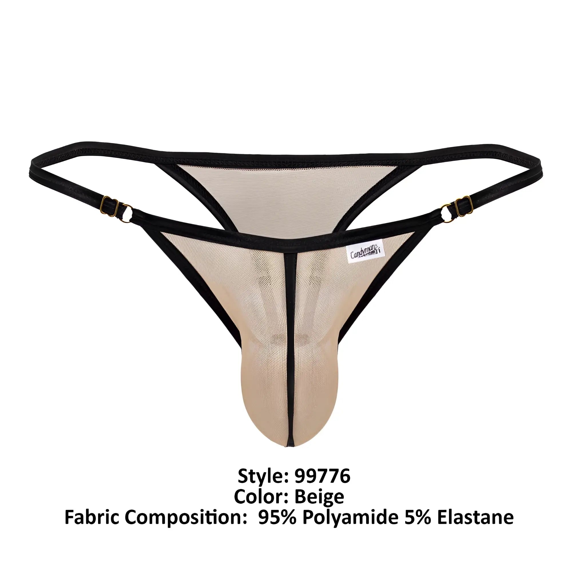 Beige mesh thong with black trim and gold-tone metal clasps from candyman 99776 mesh thongs collection