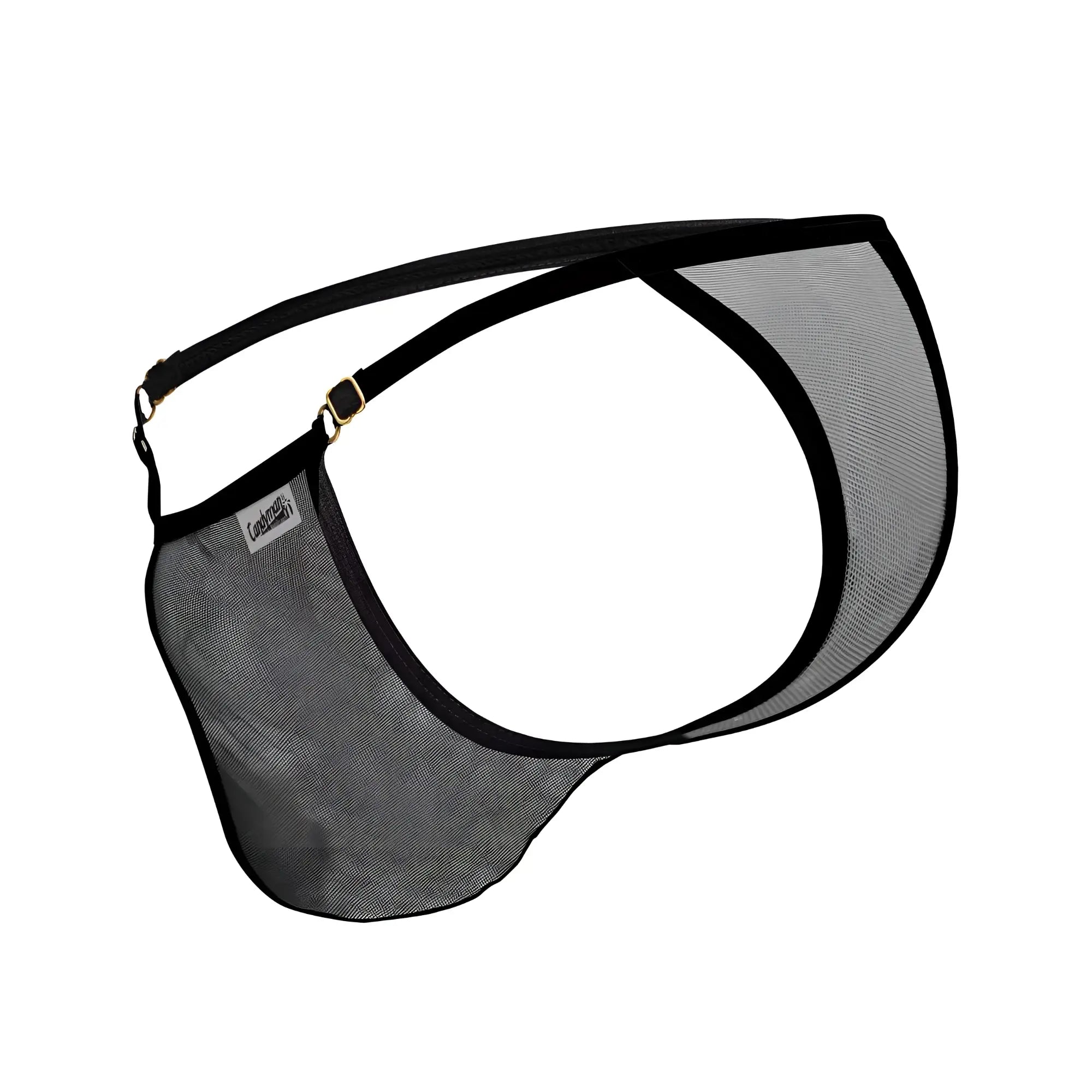 Black candyman 99776 mesh thong briefs with a sleek form-fitting design and gold-toned hardware accents