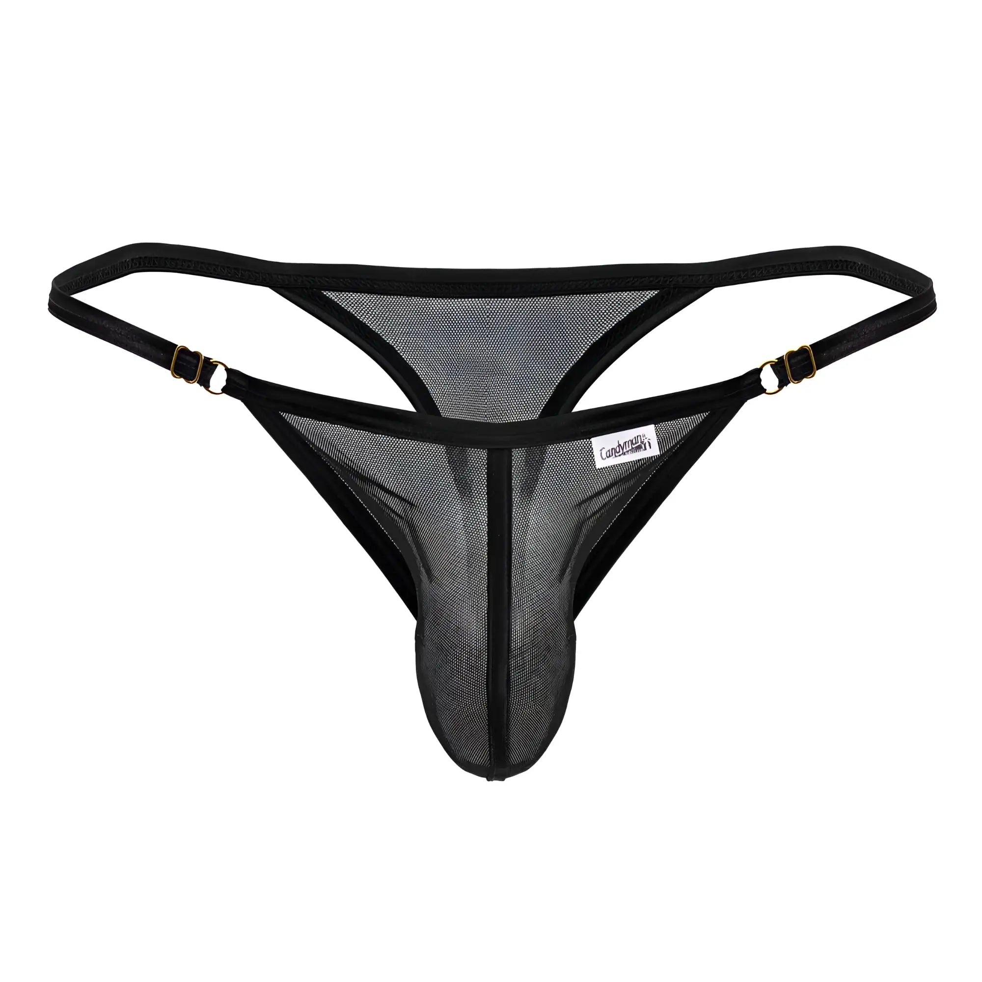 Black mesh thong with adjustable straps and gold-tone metal clasps candyMan 99776 mesh thong in black