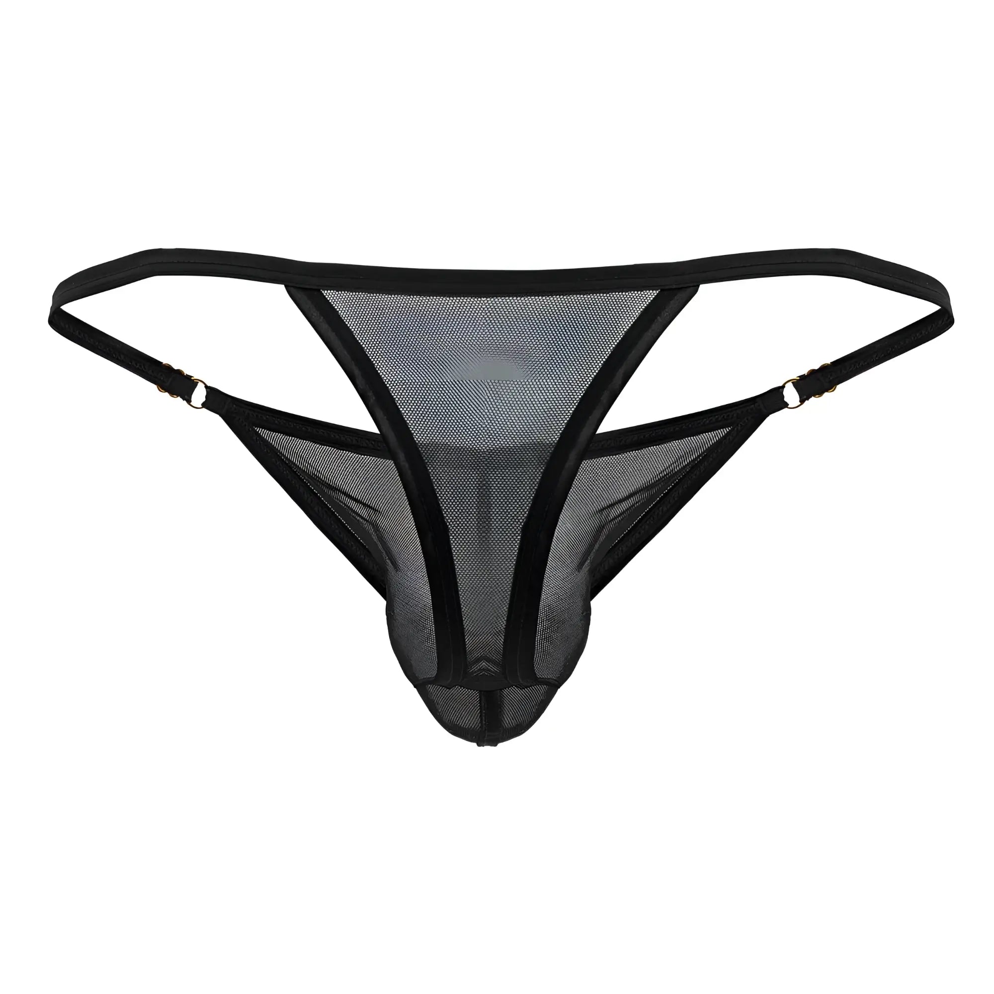 Black mesh thong with reinforced elastic straps and metallic clasps from candyman 99776 collection in black