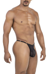 Black mesh thong candyMan 99776 with solid black waistband and silver metal buckle showing front side