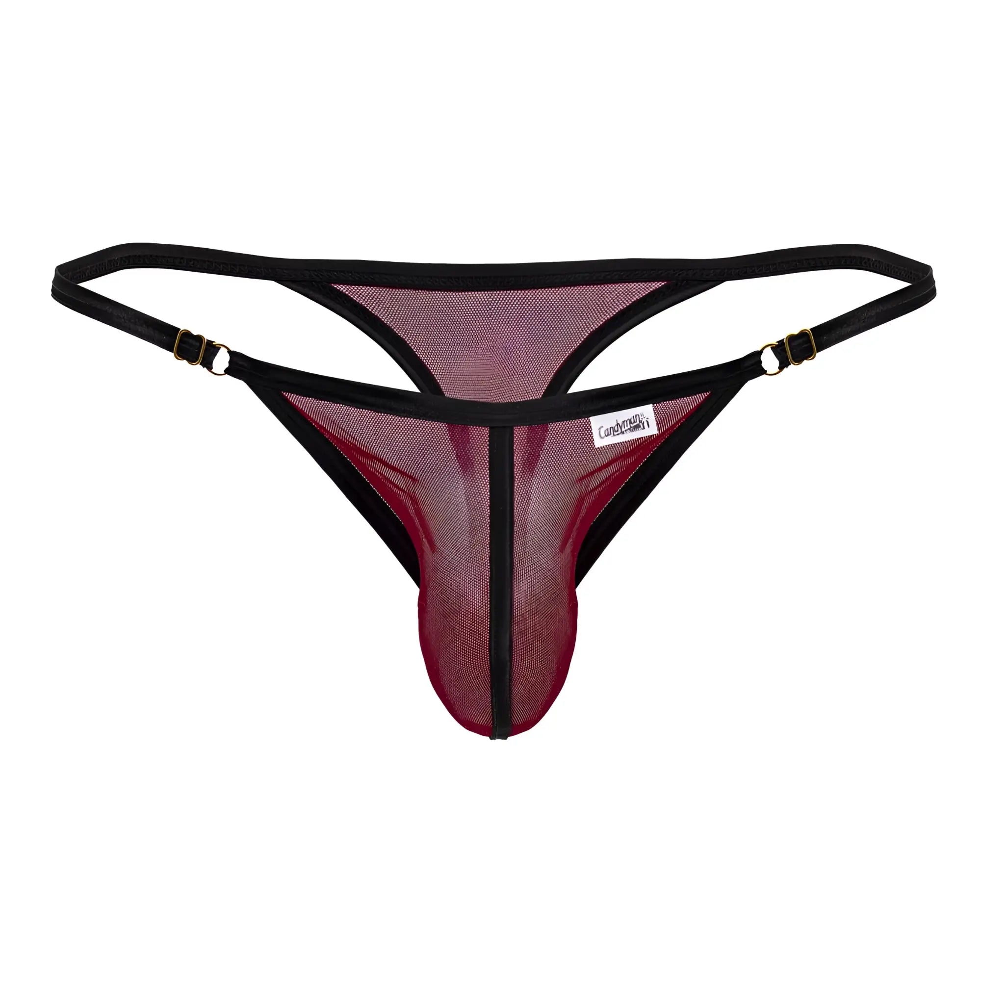Burgundy candyman 99776 mesh thong with black and maroon mesh, adjustable straps, and gold-tone clasps shown from back