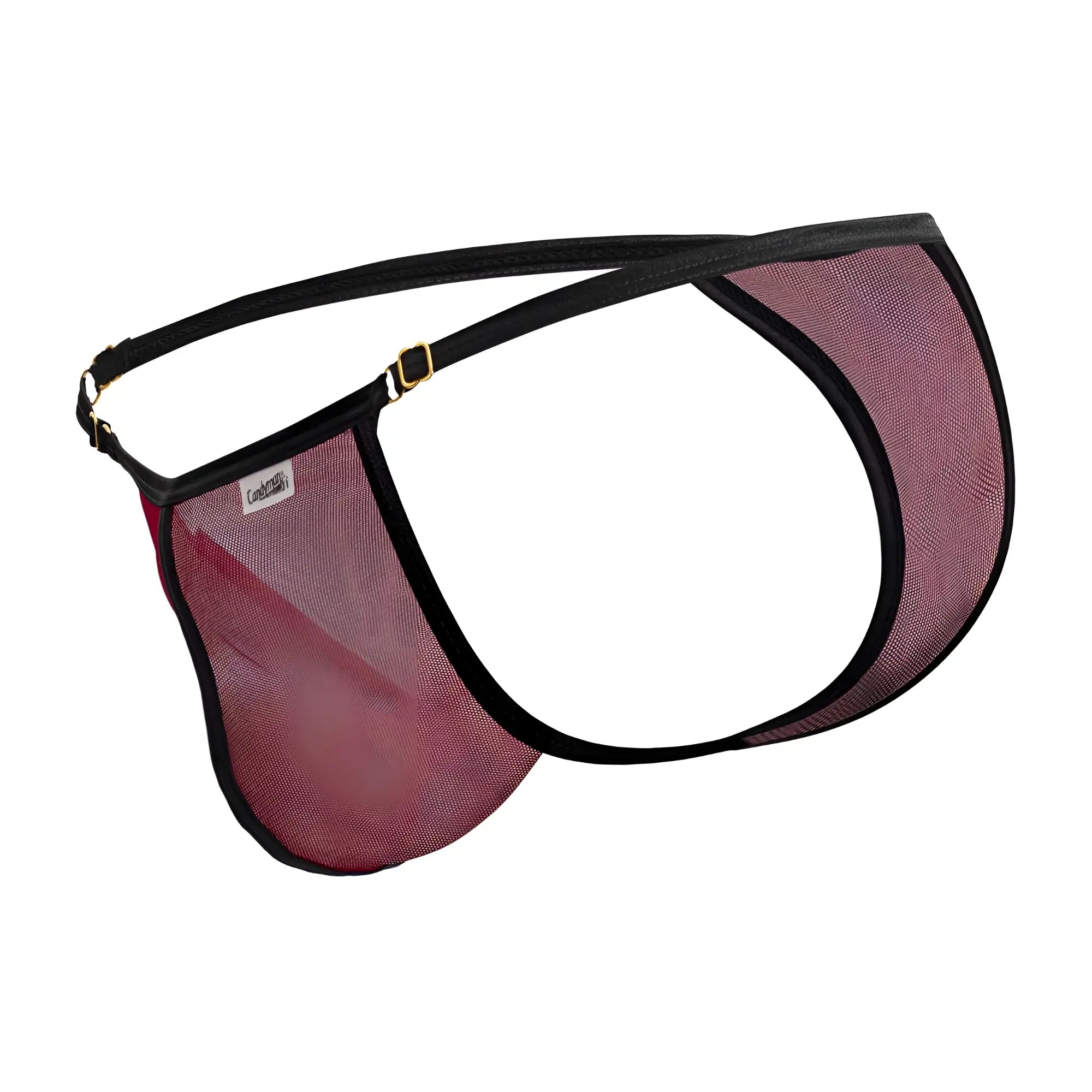 CandyMan 99776 mesh thong in burgundy with black trim and gold-tone hardware for men in a breathable mesh fabric