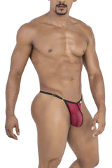 CandyMan 99776 mesh thong in burgundy red and black with gold-tone metal clasp front view