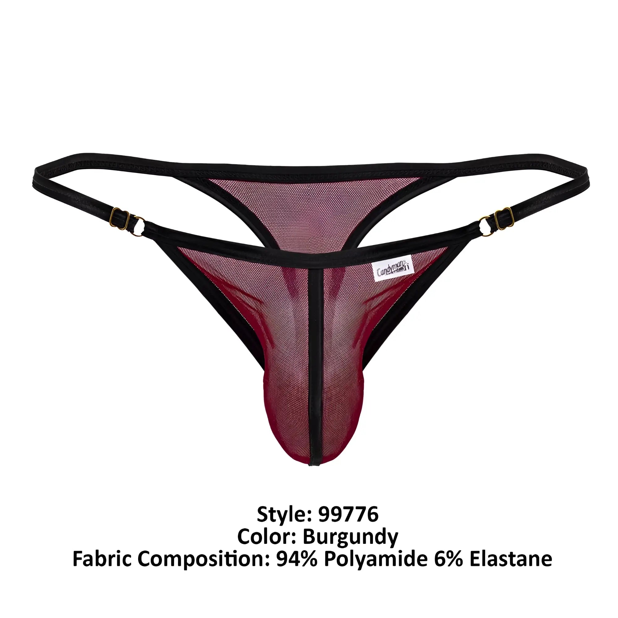 Burgundy mesh thong with black trim and gold-tone hardware from candyman 99776 collection shown from the back side