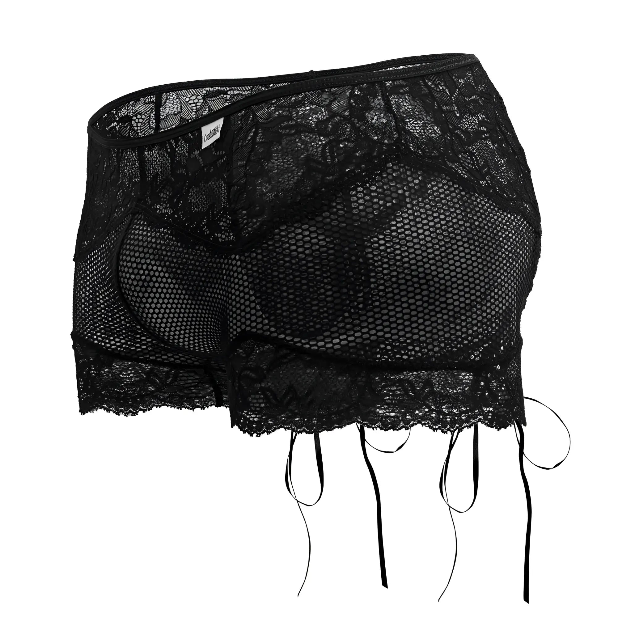 Black candyMan 99779 mesh lace trunks with adjustable side ties featuring lace and mesh fabric details