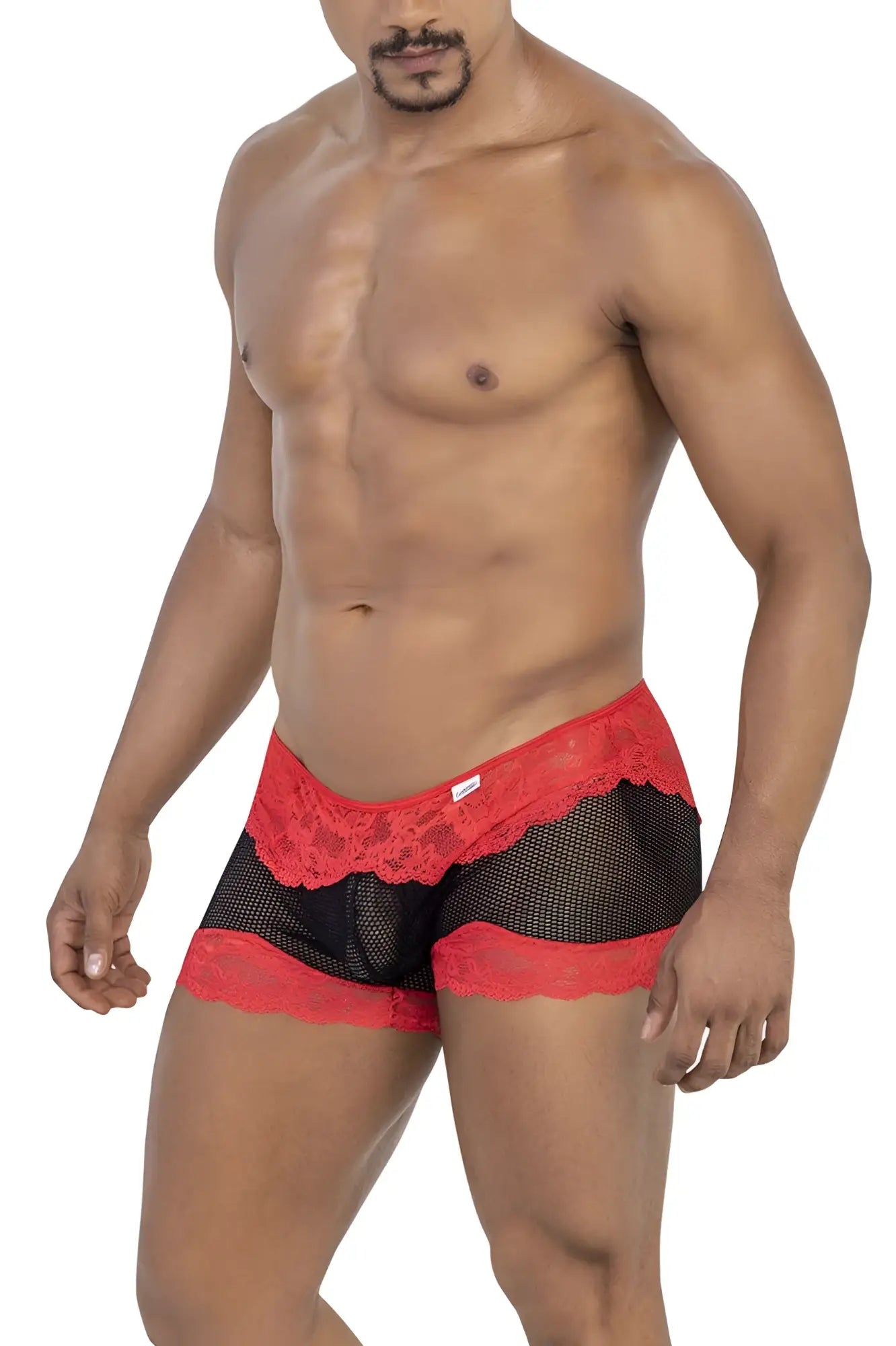 Red and black lace-trimmed mesh briefs candy man 99779 mesh lace trunks with breathable mesh material