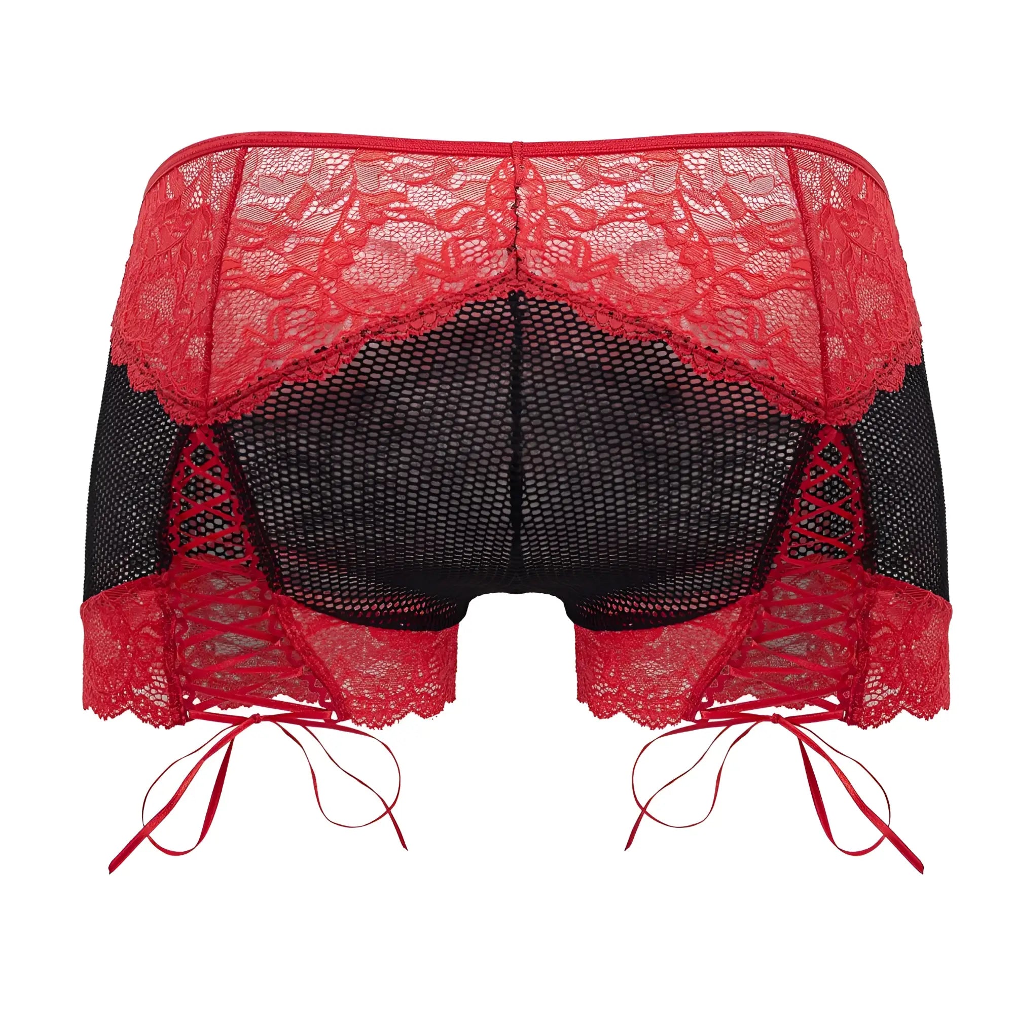 Red and black lace-trimmed mesh briefs with adjustable side ties from candyman 99779 mesh lace trunks collection