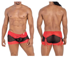 Red lace-trimmed mesh briefs with black panels and side ties from Candyman 99779 in black and red color