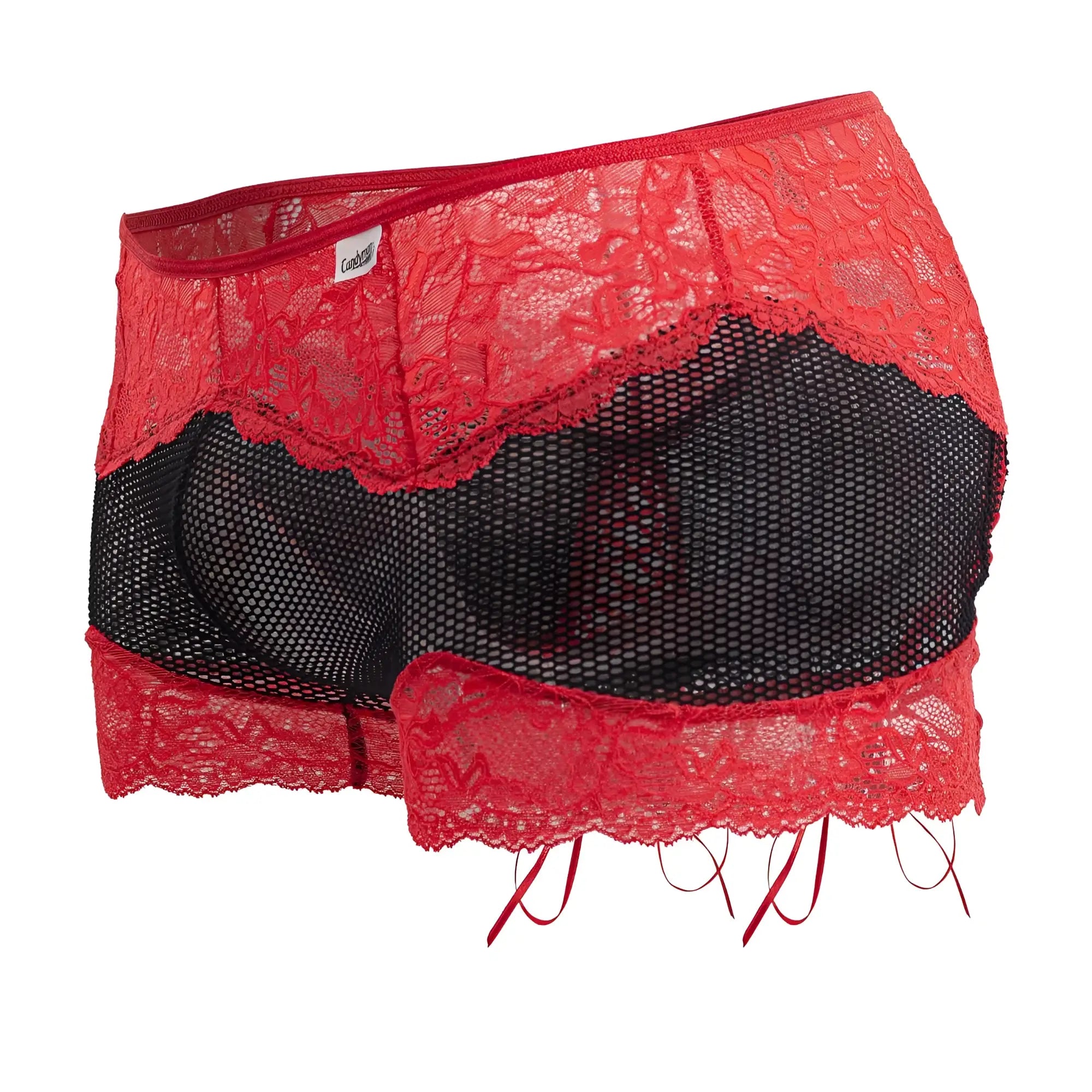 Red and black lace-trimmed mesh briefs with scalloped edge from candyman 99779 mesh lace trunks collection