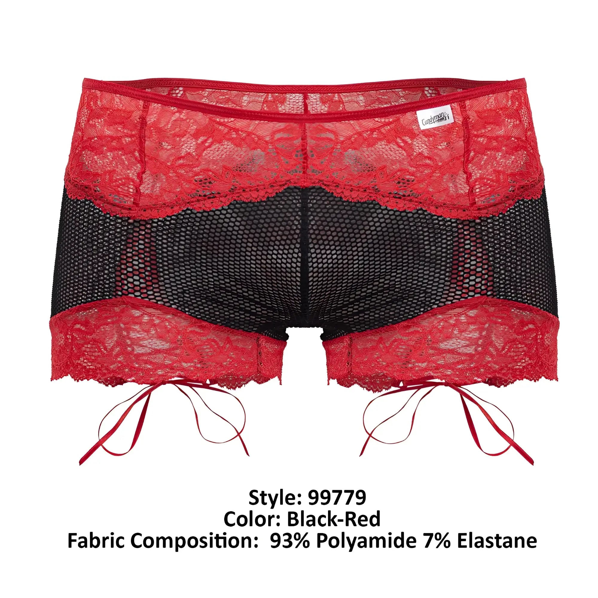 Candyman 99779 mesh lace trunks in black featuring red lace trim and matching red tie strings for stylish comfort