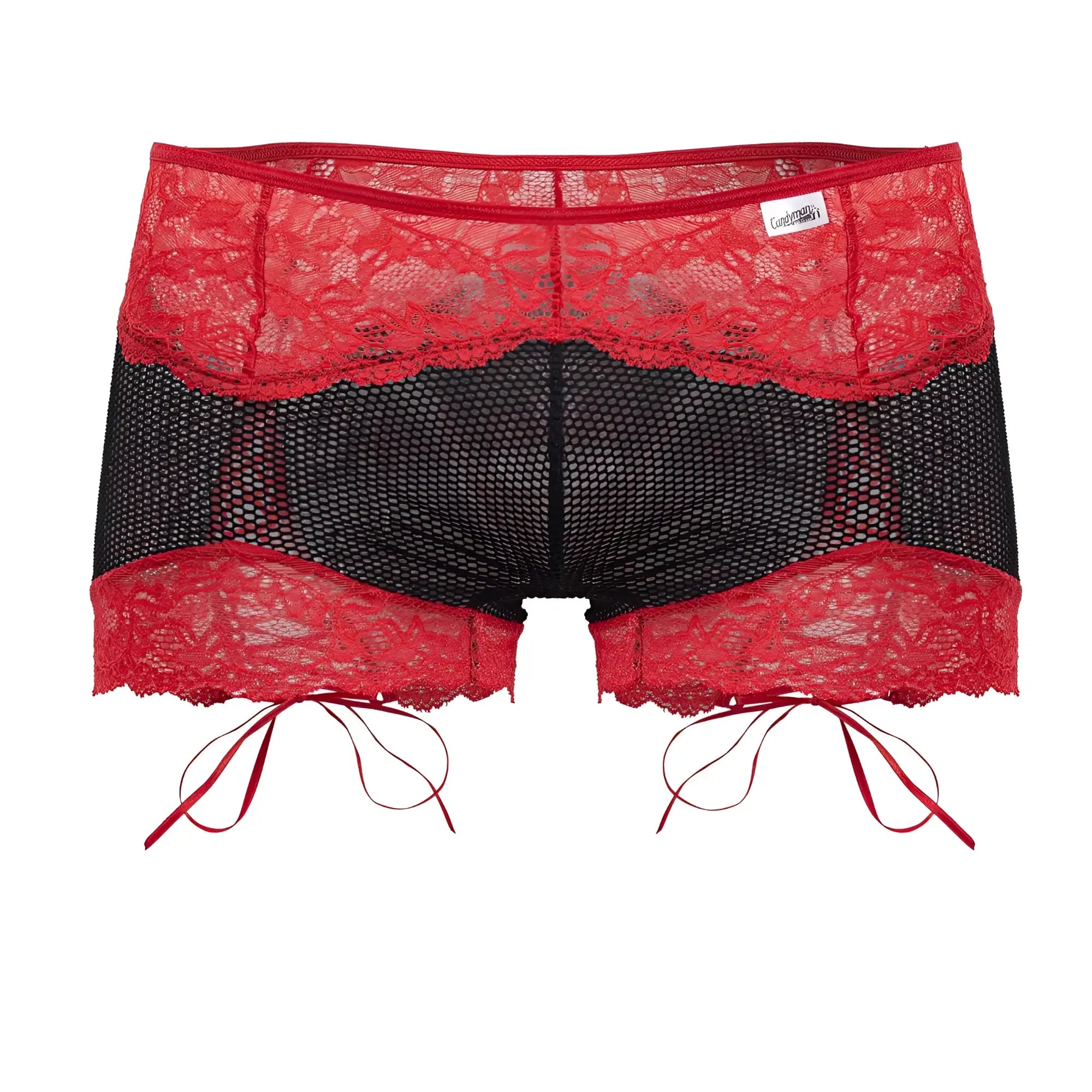 Candyman 99779 mesh lace trunks in black featuring red lace trim and matching red ribbon ties in front view