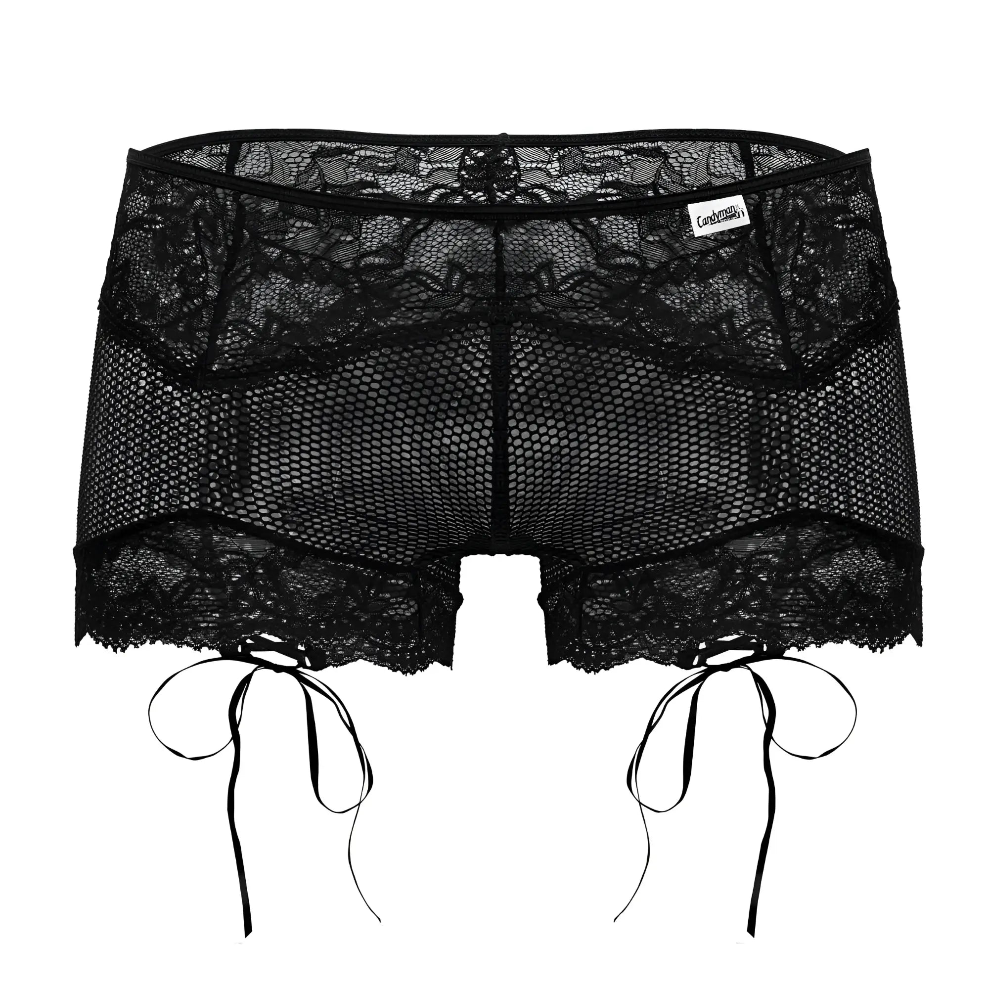 Black candyMan 99779 mesh lace trunks with tied side ties and mesh panel for stylish comfort