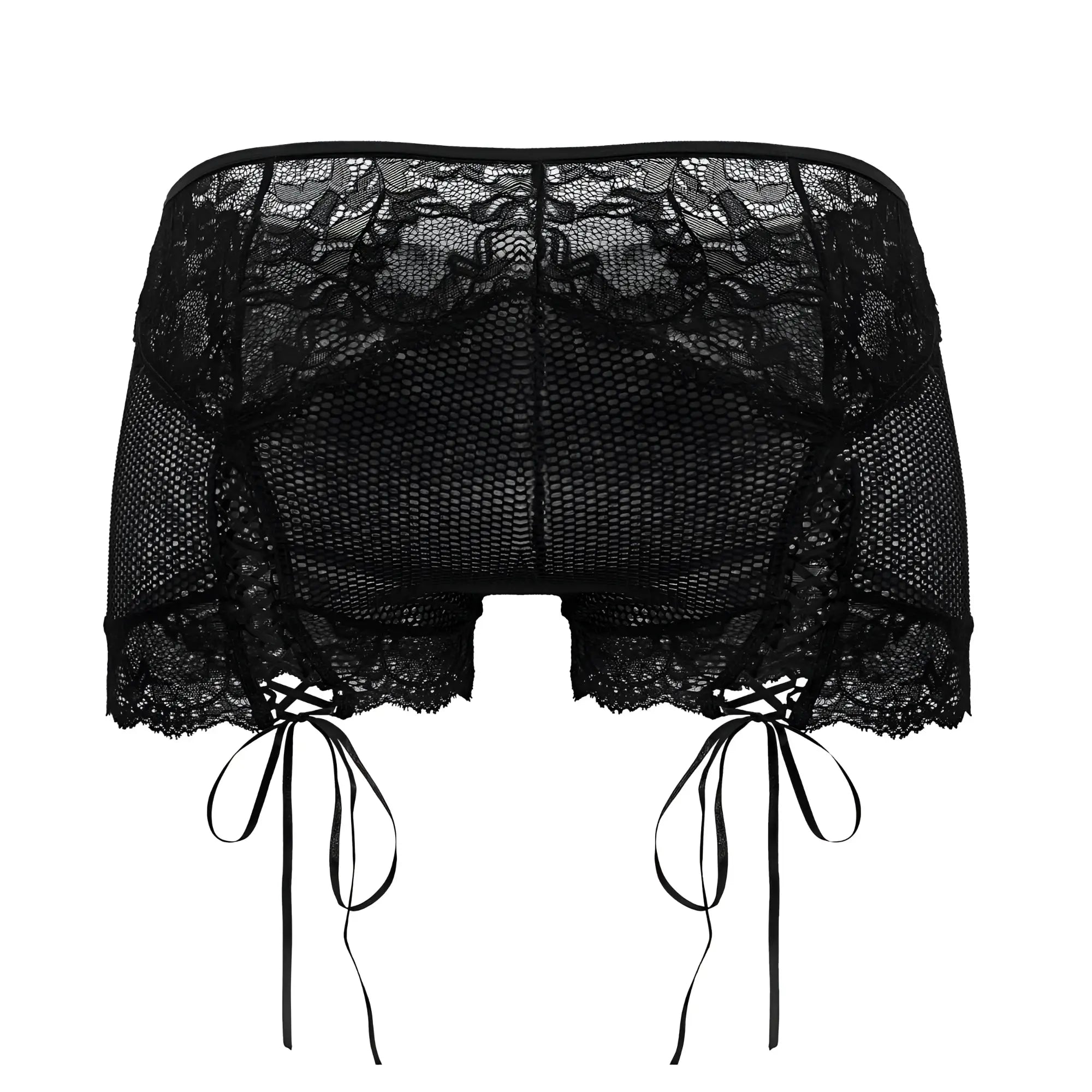 Black candyMan 99779 mesh lace trunks with ribbon ties featuring a mesh panel for stylish comfort