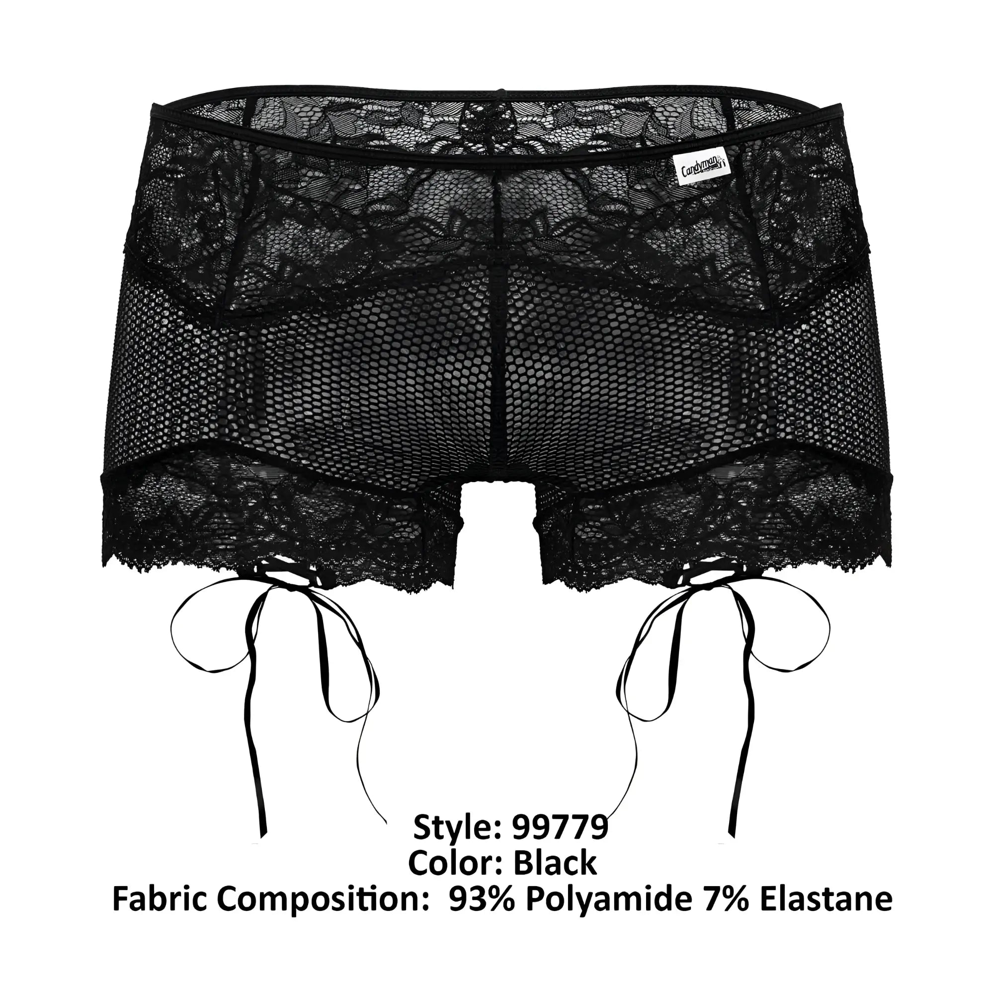 Black candyMan 99779 mesh lace trunks featuring lace trim and adjustable side ties for a stylish fit