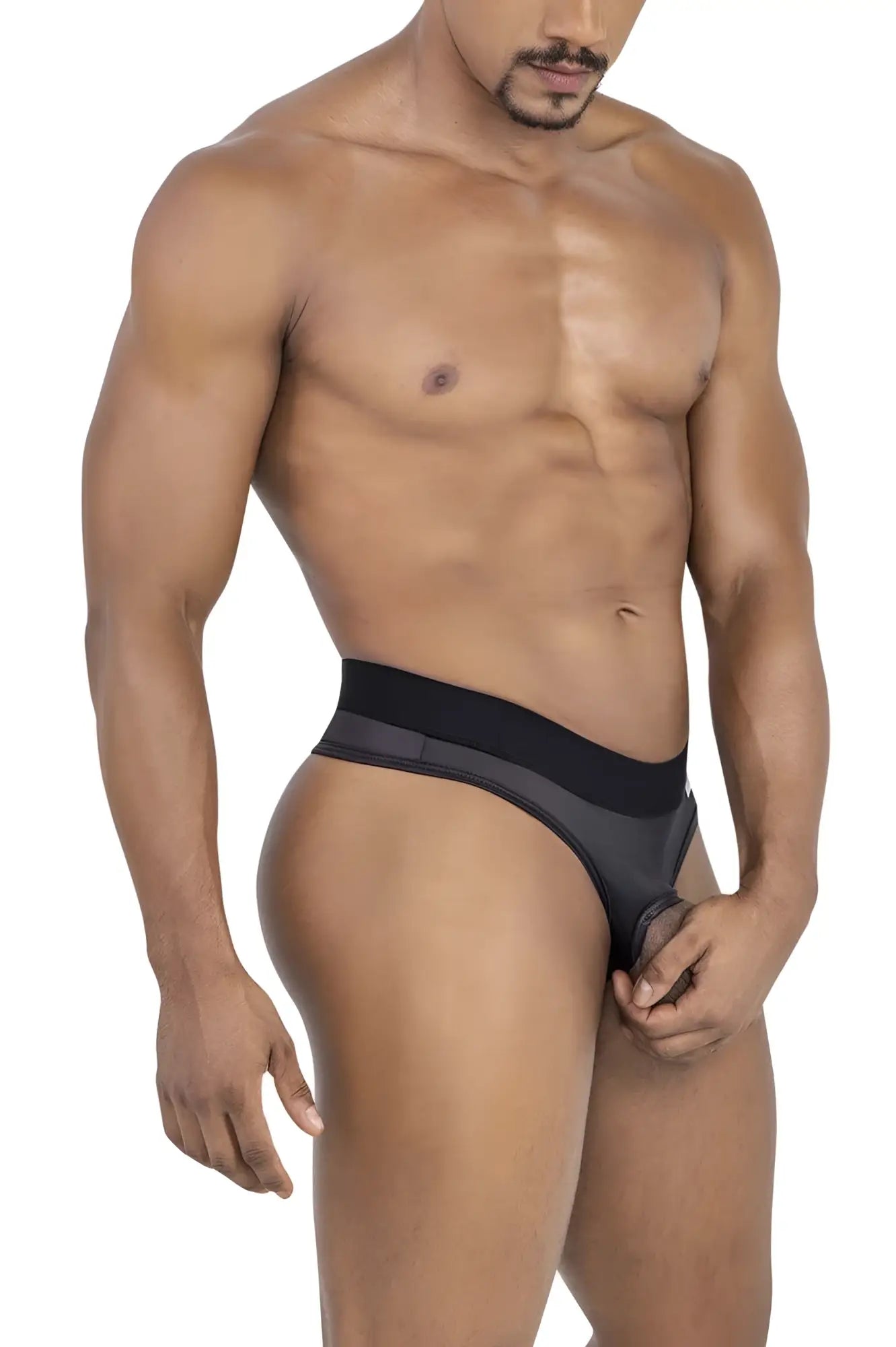 Black and gray CandyMan 99781 Protuder thongs with a sleek form-fitting design for athletic use