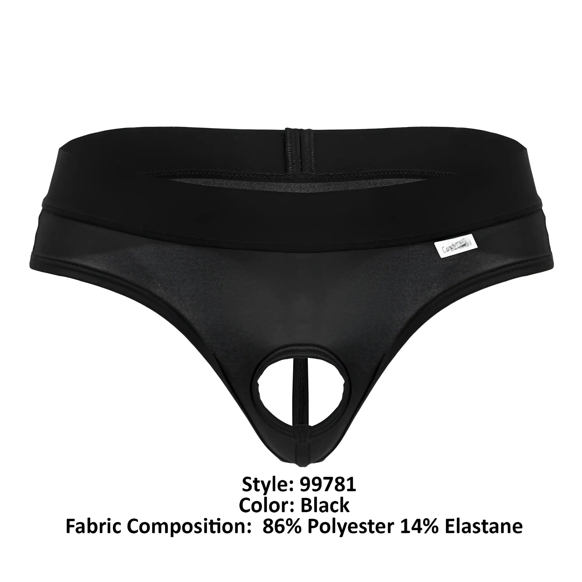 Black men’s thong candyMan 99781 protuder with central cutout elastic waistband made of polyester and elastane