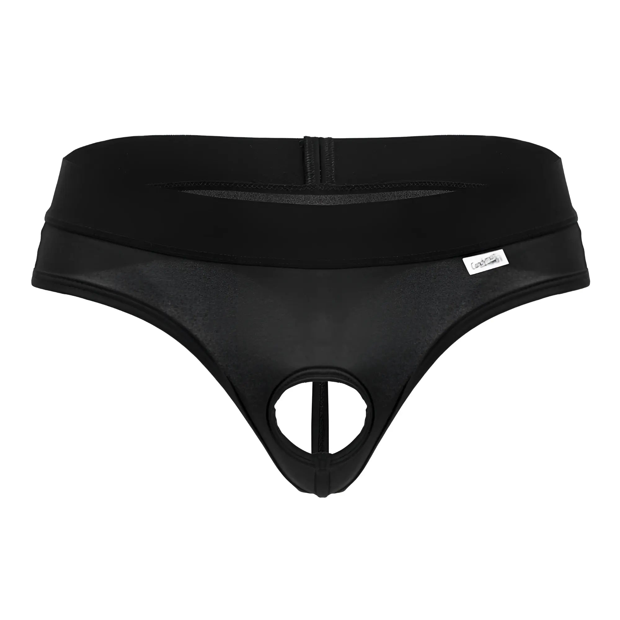 Black candyman 99781 protuder thong with zipper closure and mesh paneling for men in front view