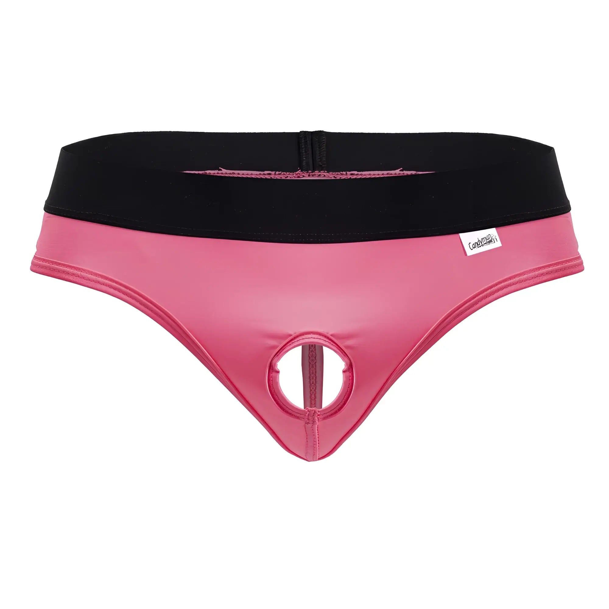 Pink latex CandyMan 99781 Protuder thong with black elastic waistband and central circular cutout