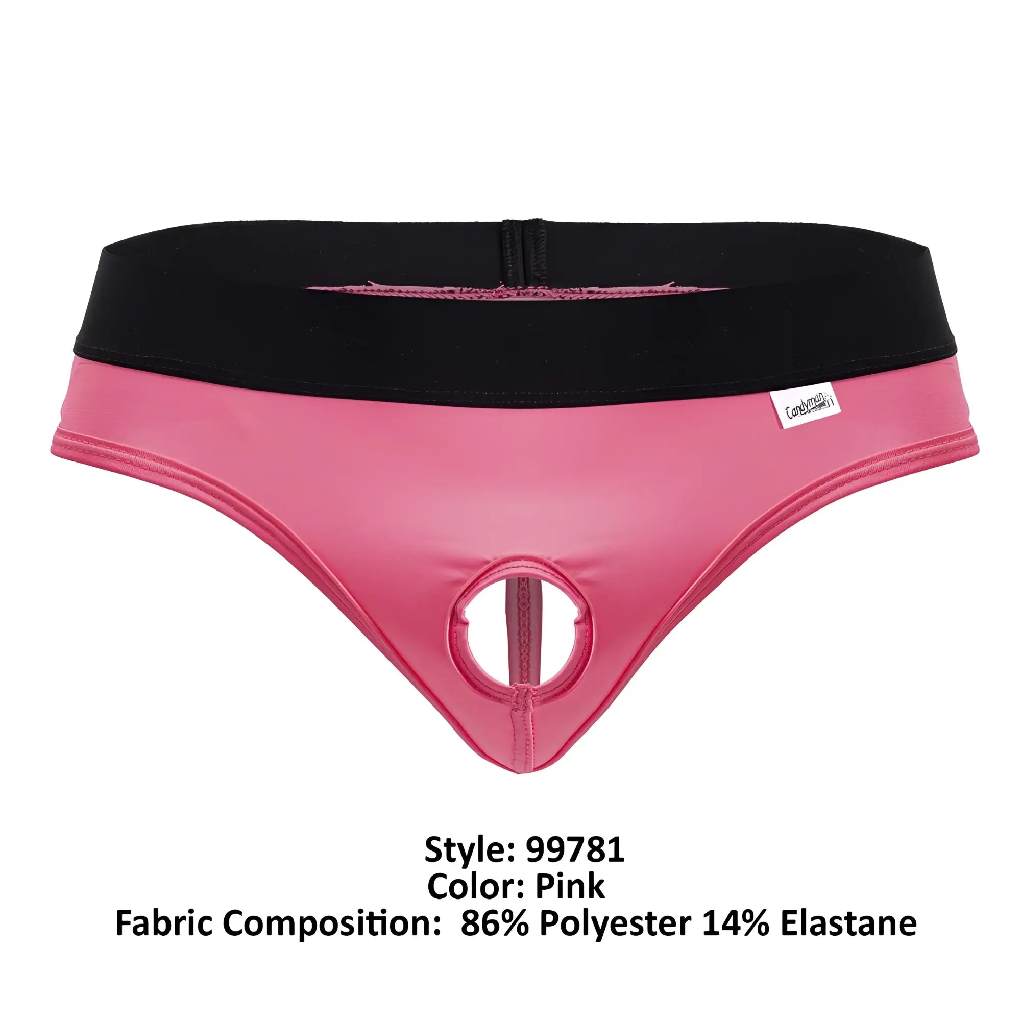 Pink shiny polyester and elastane briefs with black waistband and central circular cutout candyMan 99781 protuder thong