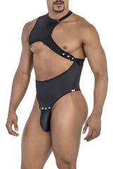 Black candyman 99783 one shoulder bodysuit with asymmetrical cut and silver button accents in form-fitting fabric