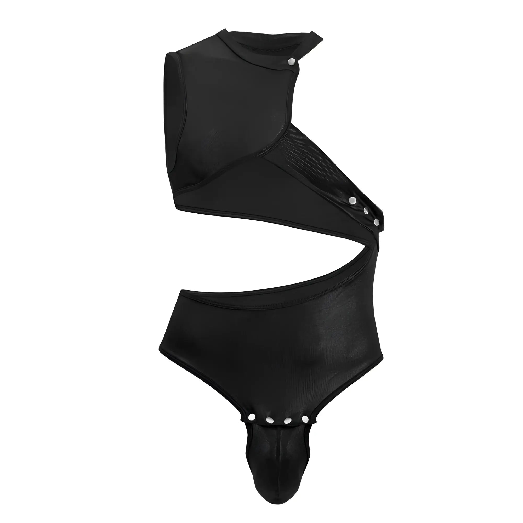 Black CandyMan 99783 one shoulder bodysuit in faux leather with asymmetrical snap closures and cut-out detail