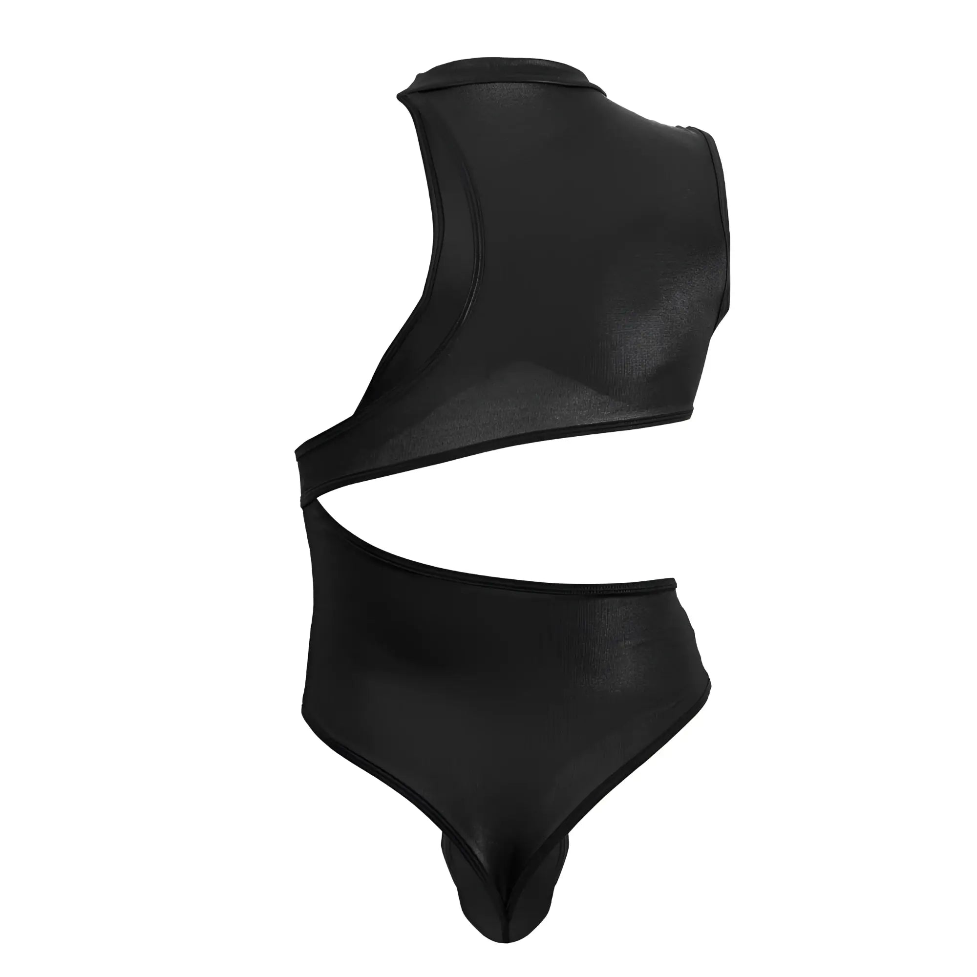 Black glossy latex one-piece swimsuit candyMan 99783 with high-cut leg and asymmetrical cutout design