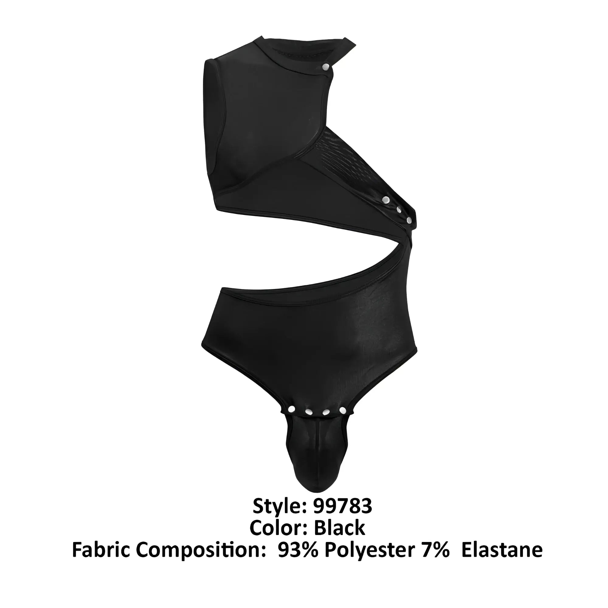 Black one-piece CandyMan 99783 bodysuit with structured asymmetrical design button details and high-cut leg