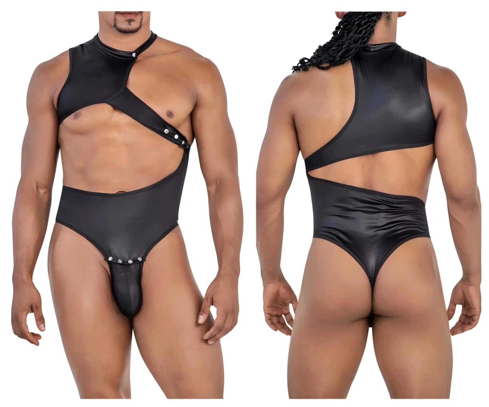 Black shiny latex CandyMan 99783 one shoulder bodysuit with cut-out design and silver studs front view