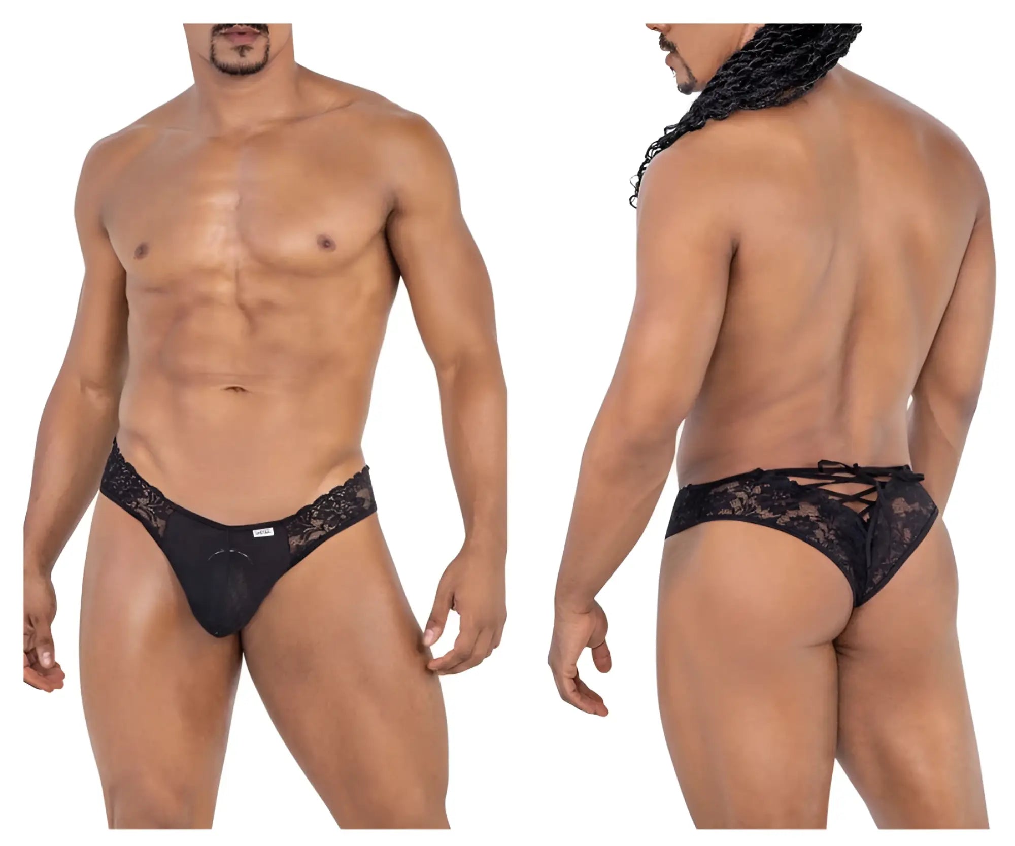 Back side of candyman 99784 black lace men’s briefs with a distinctive back tie design