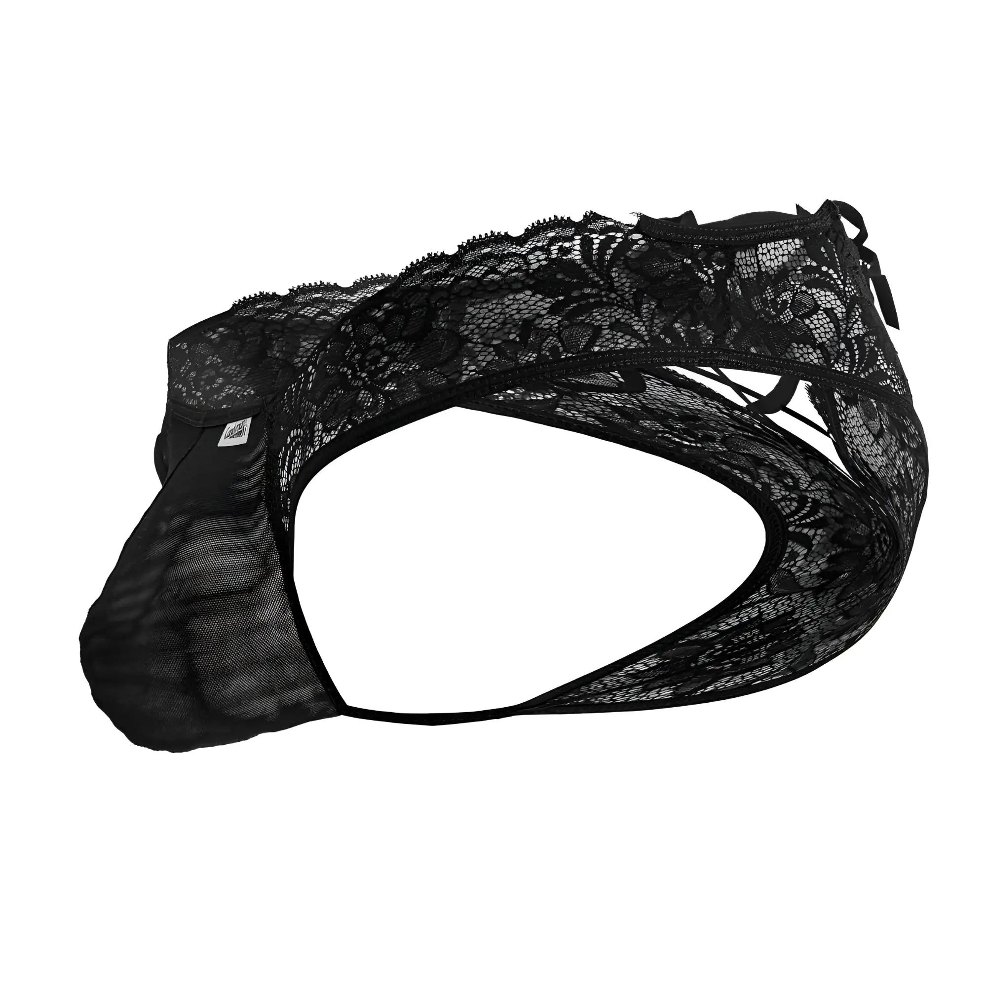Black lace men’s thong with mesh panel and side ties from Candyman 99784 in black color