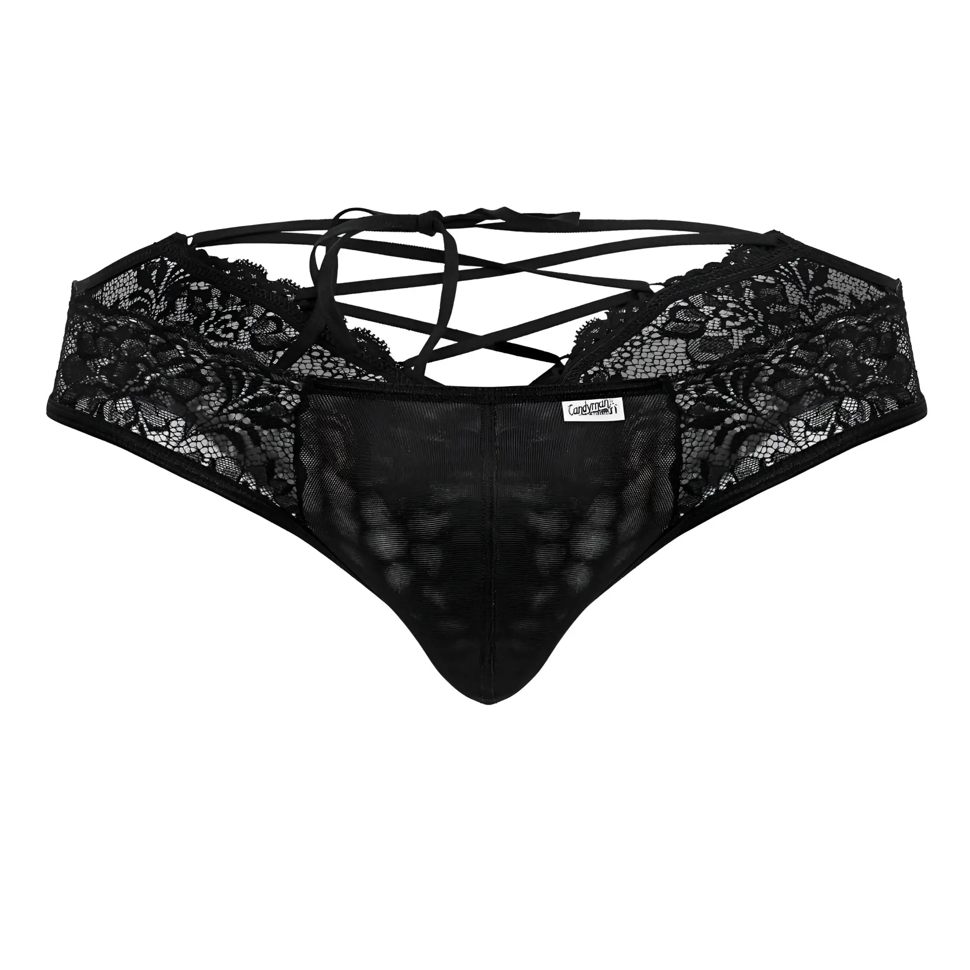 Black lace thong Candyman 99784 with crisscross back ties and mesh front panel in black lace material