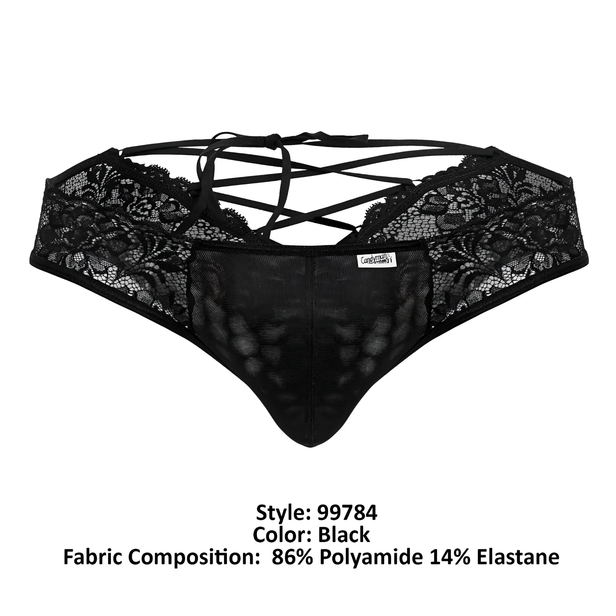 Black candyMan 99784 lace thong with crisscross back ties and mesh panel showing back side details